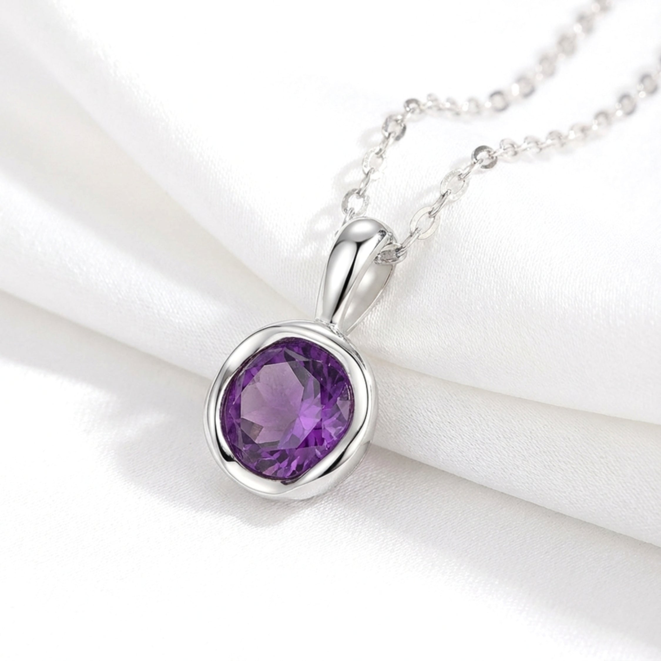 February Round Cut Birthstone Bezel Pendant Necklace - Sterling Silver with Amethyst-Tone Zircon