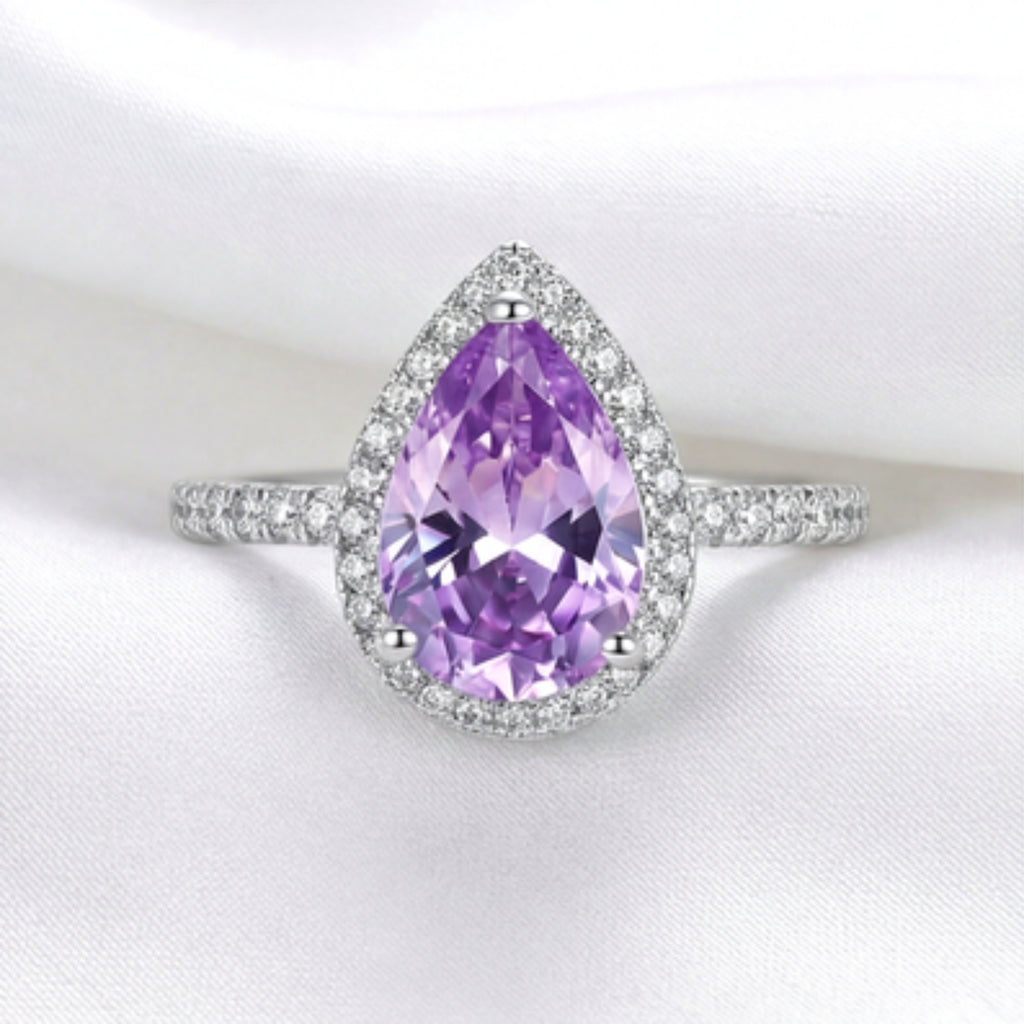 February Pear Cut Birthstone Halo Ring - Sterling Silver with Amethyst-Tone Zircon