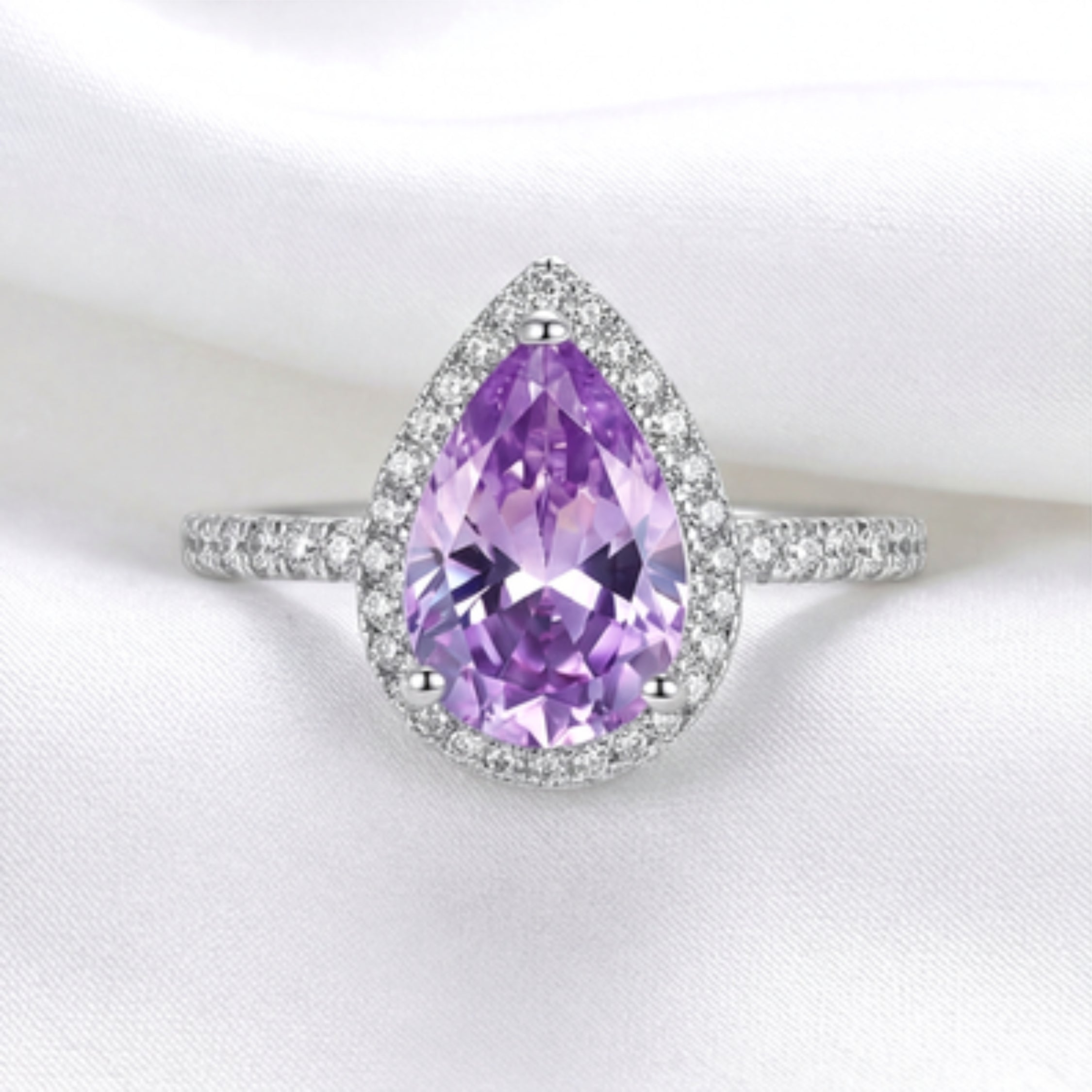 February Pear Cut Birthstone Halo Ring - Sterling Silver with Amethyst-Tone Zircon
