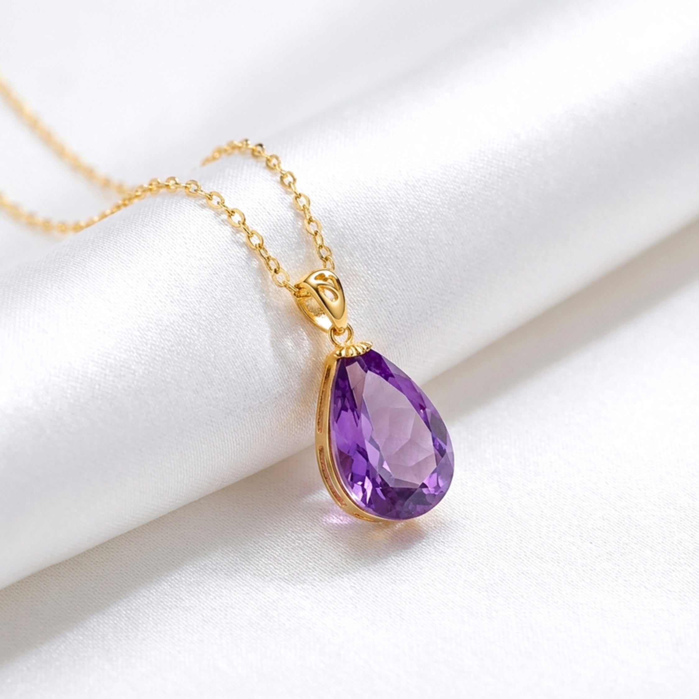 February Pear Cut Birthstone Pendant Necklace - Gold Plated Sterling Silver with Amethyst-Tone Zircon