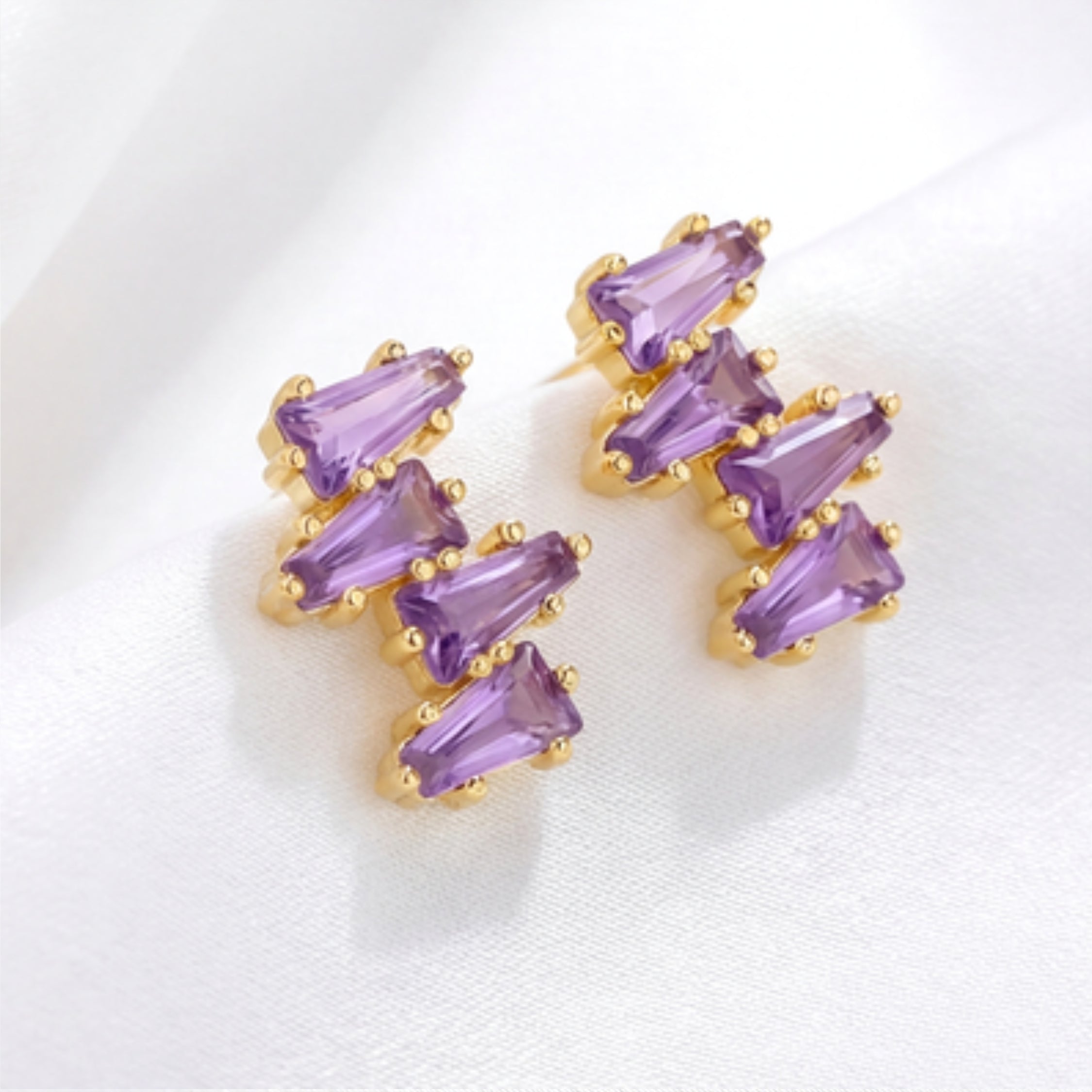 February Geometric Birthstone Stud Earrings - Gold Plated Sterling Silver with Amethyst-Tone Zircon
