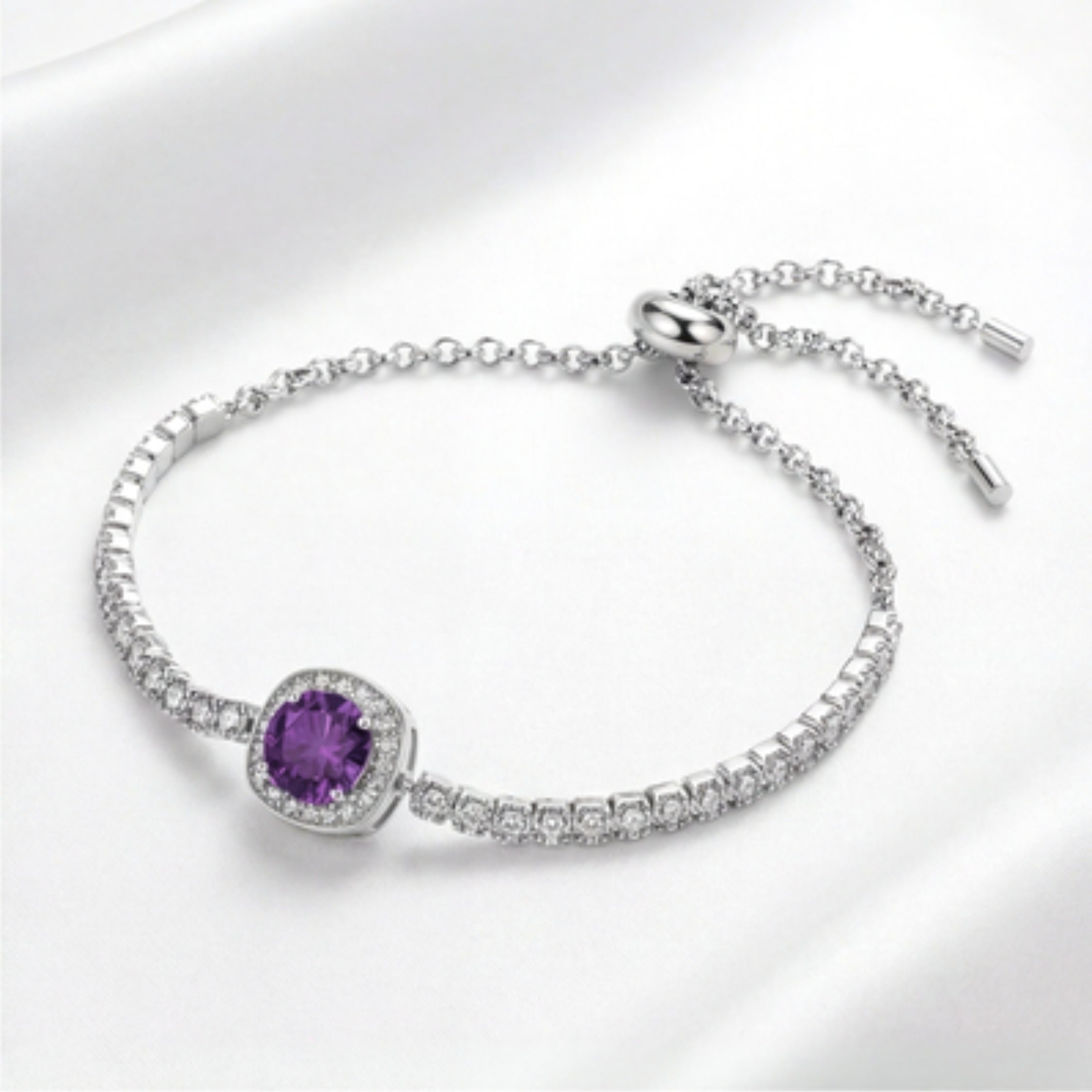 February Cushion Cut Birthstone Halo Bracelet - Sterling Silver with Amethyst-Tone Zircon