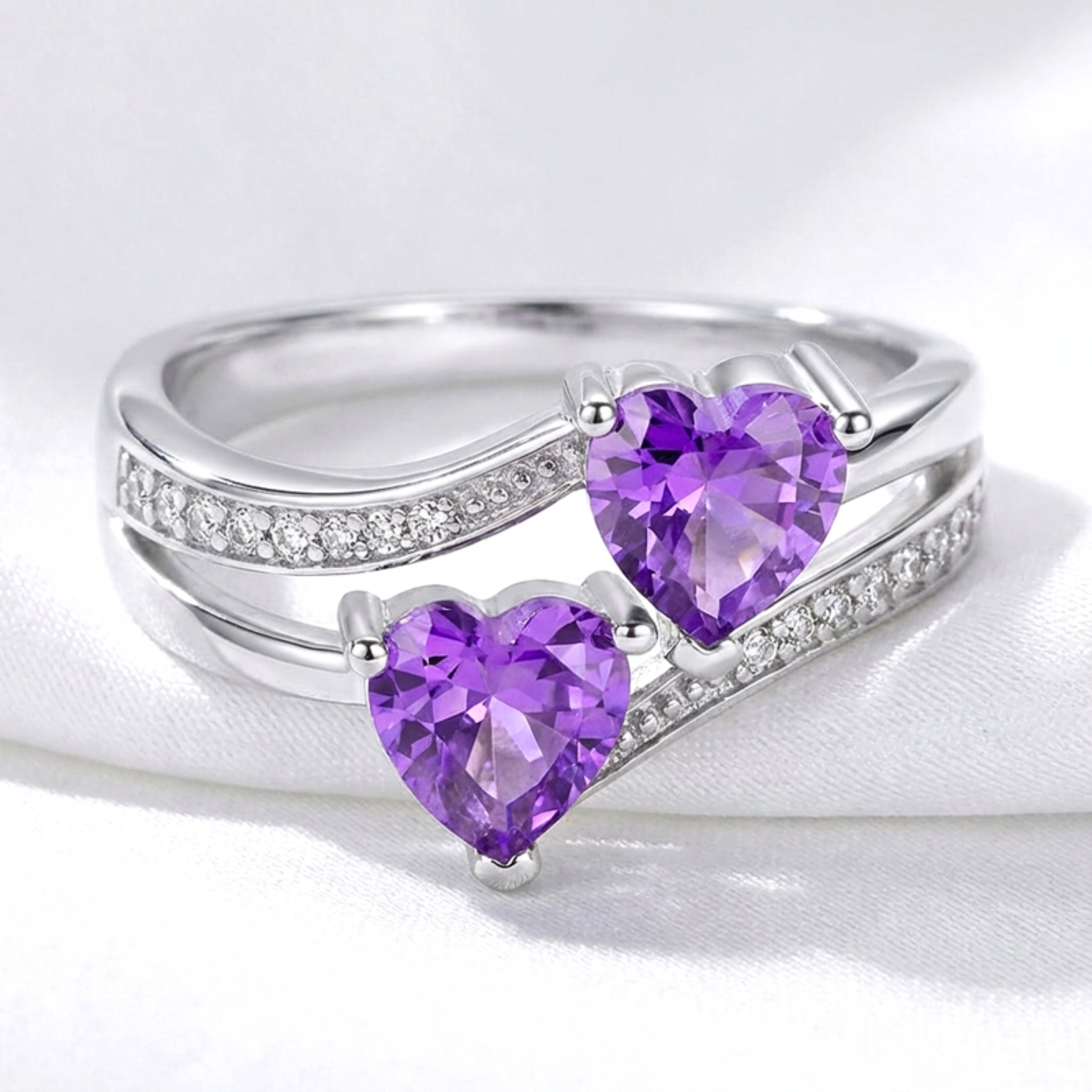 February Double Heart Birthstone Ring - Sterling Silver with Amethyst-Tone Zircon