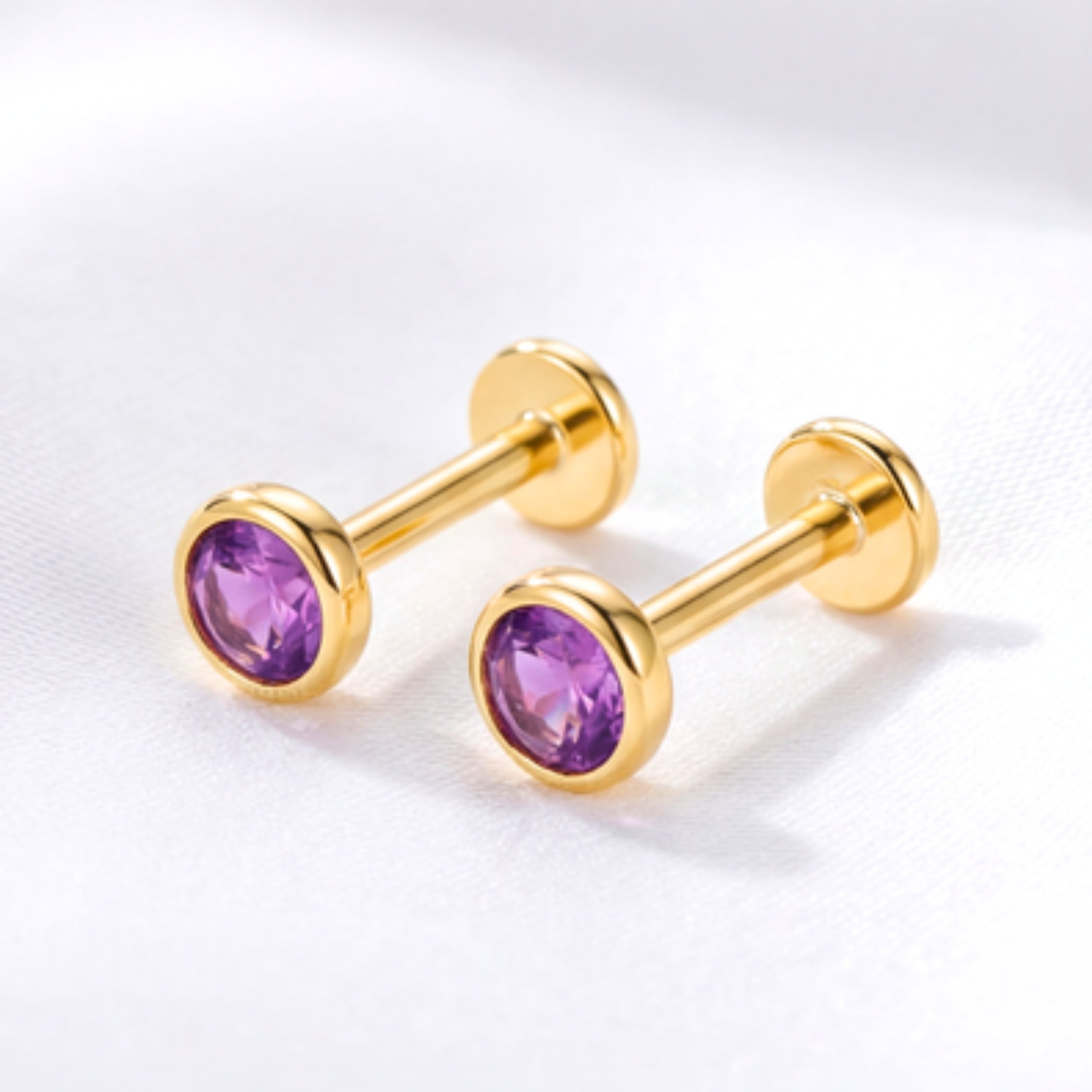 February Round Birthstone Bezel Stud Earrings - Gold Plated Sterling Silver with Amethyst-Tone Zircon