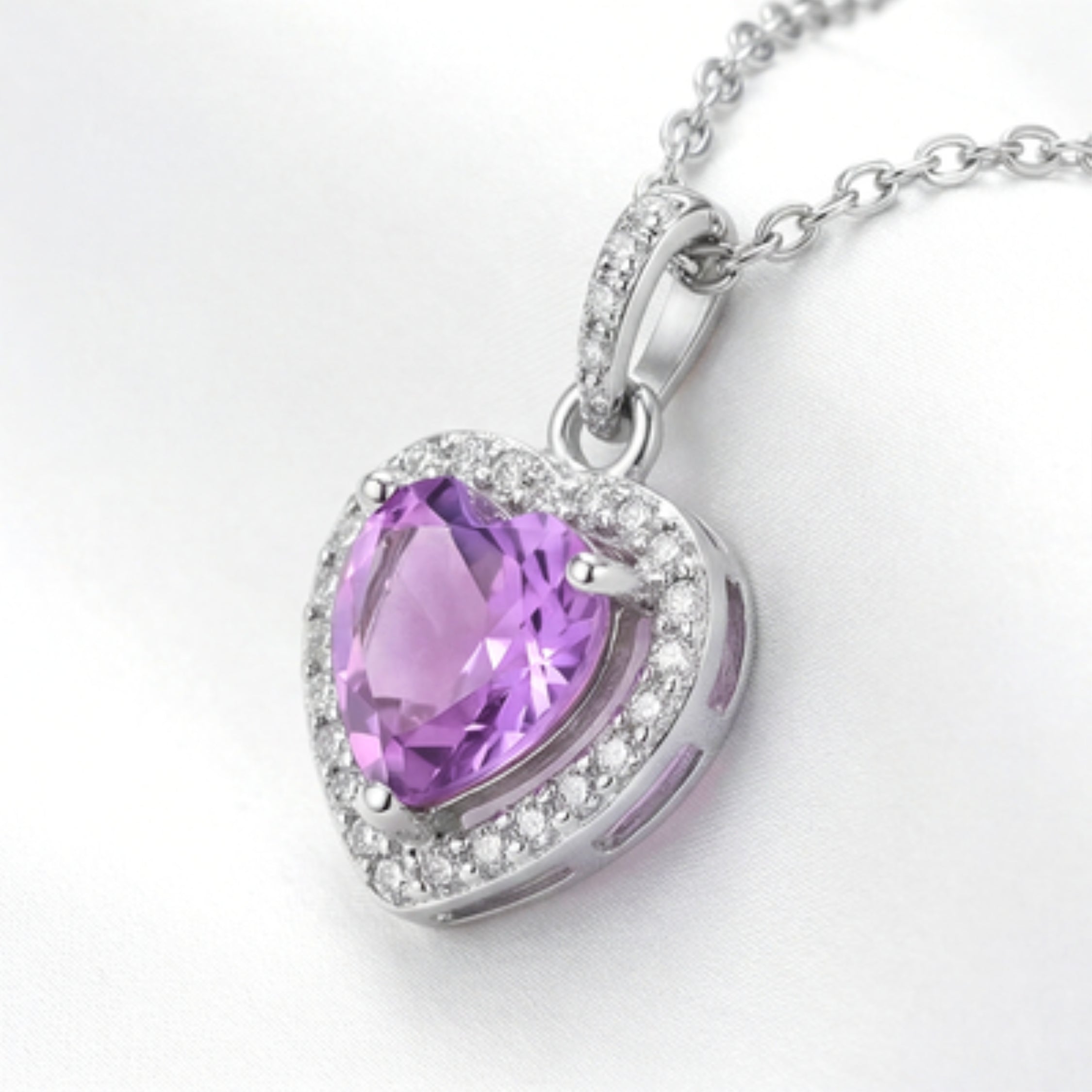 February Heart Cut Birthstone Halo Pendant Necklace - Sterling Silver with Amethyst-Tone Zircon
