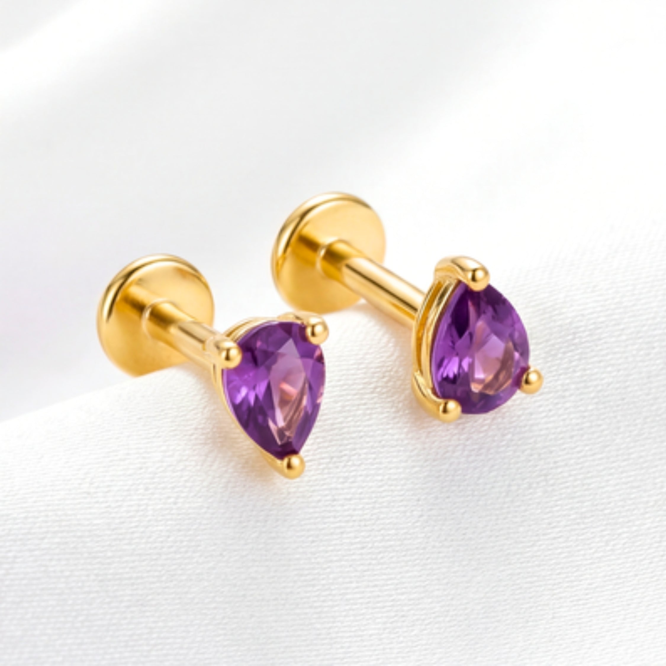 February Pear Cut Birthstone Stud Earrings - Gold Plated Sterling Silver with Amethyst-Tone Zircon