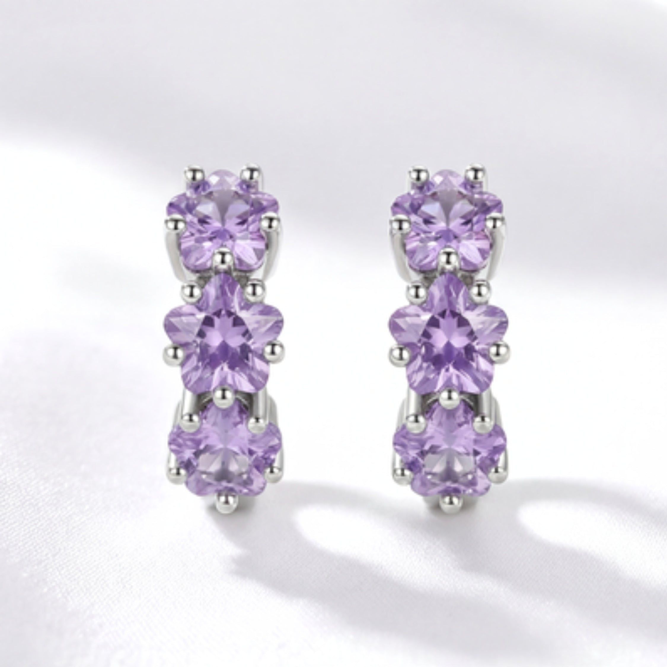 February Star Birthstone Huggie Hoop Earrings - Sterling Silver with Amethyst-Tone Zircon