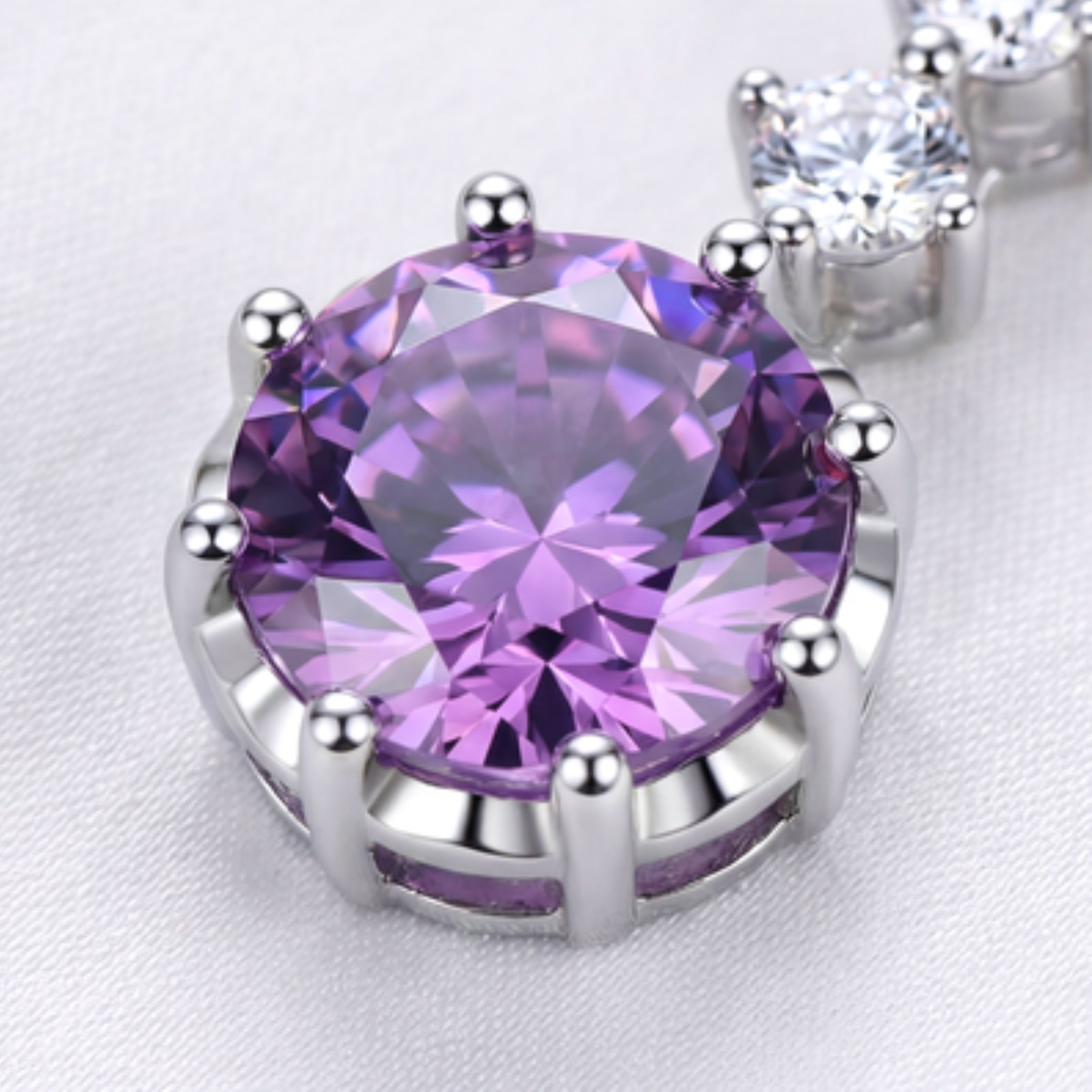 February Round Cut Birthstone Drop Pendant Necklace - Sterling Silver with Amethyst-Tone Zircon