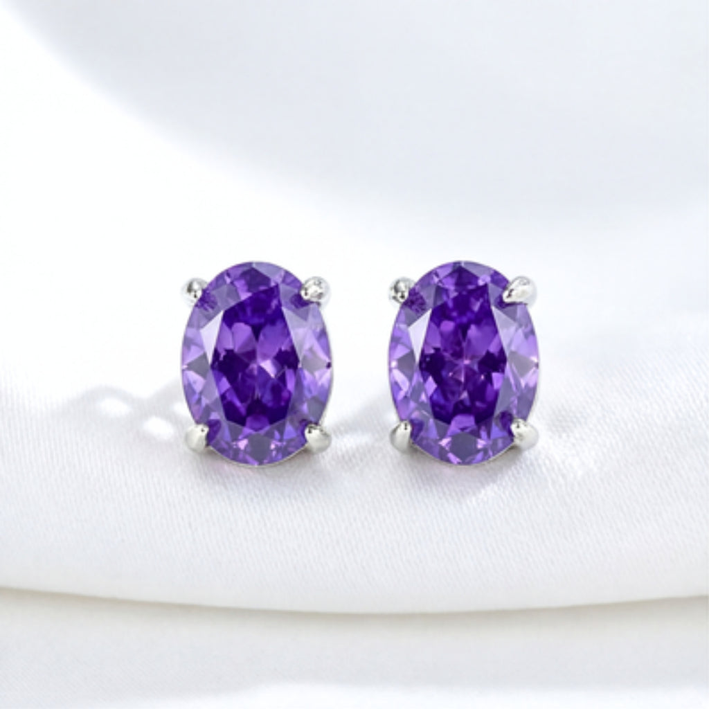 February Oval Cut Birthstone Solitaire Stud Earrings - Sterling Silver with Amethyst-Tone Zircon