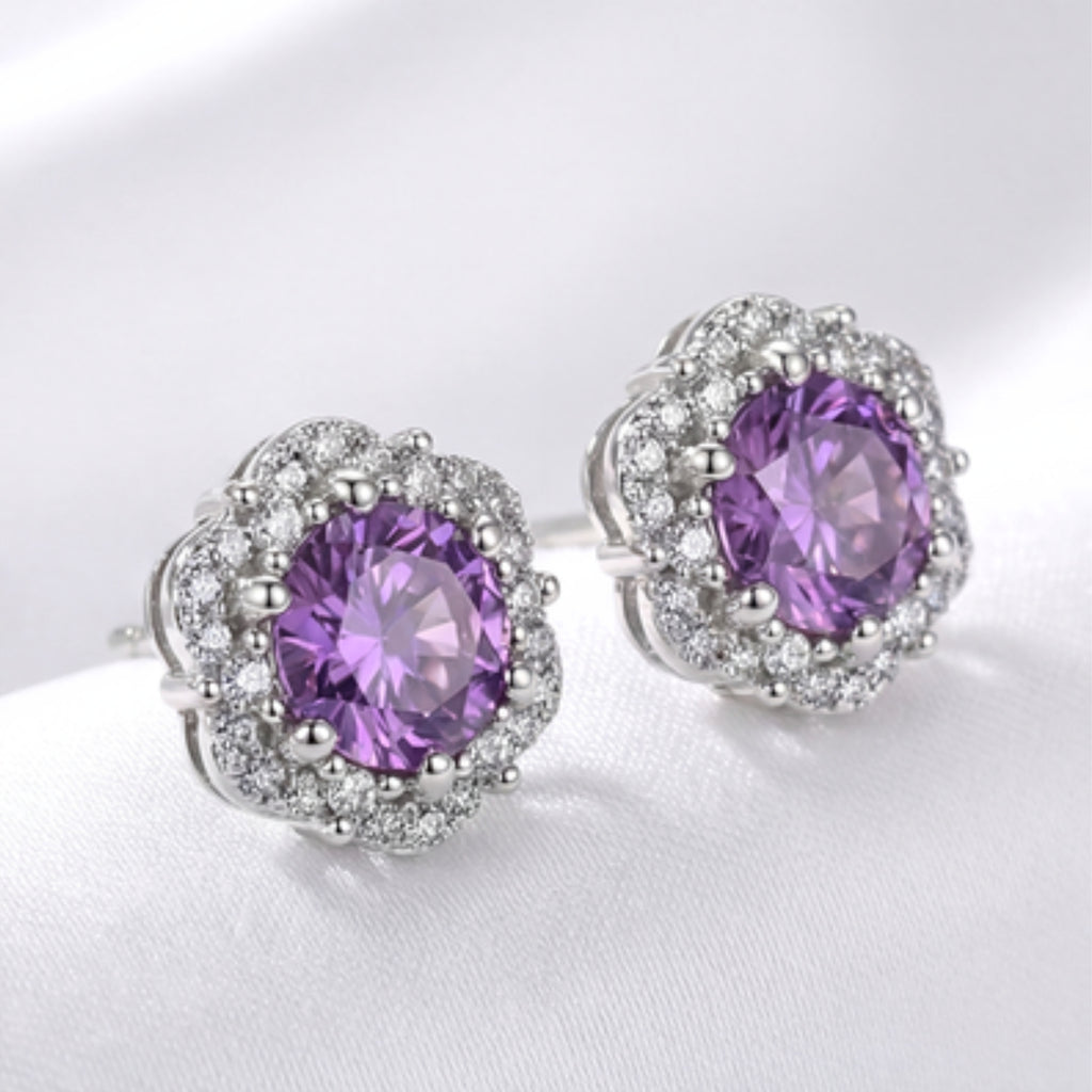 February Birthstone Floral Halo Stud Earrings - Sterling Silver with Amethyst-Tone Zircon