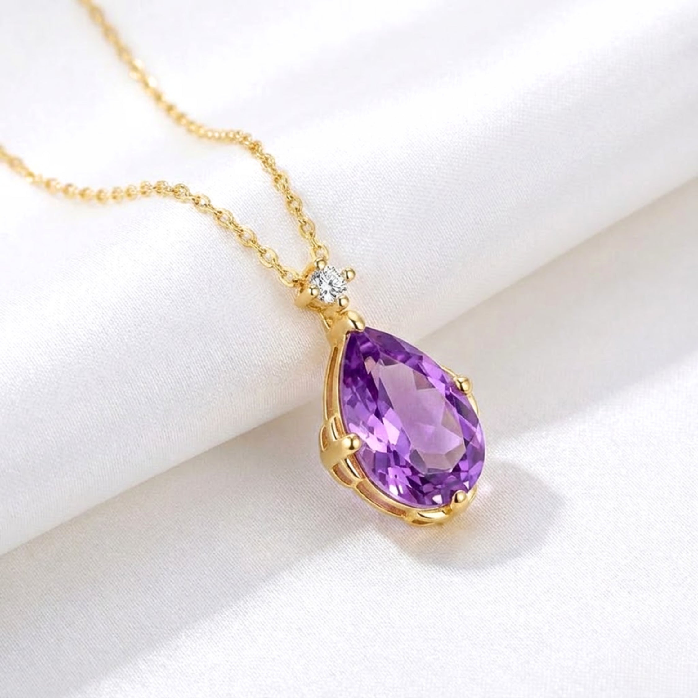 February Pear Cut Birthstone Pendant Necklace - Gold Plated Sterling Silver with Amethyst-Tone Zircon