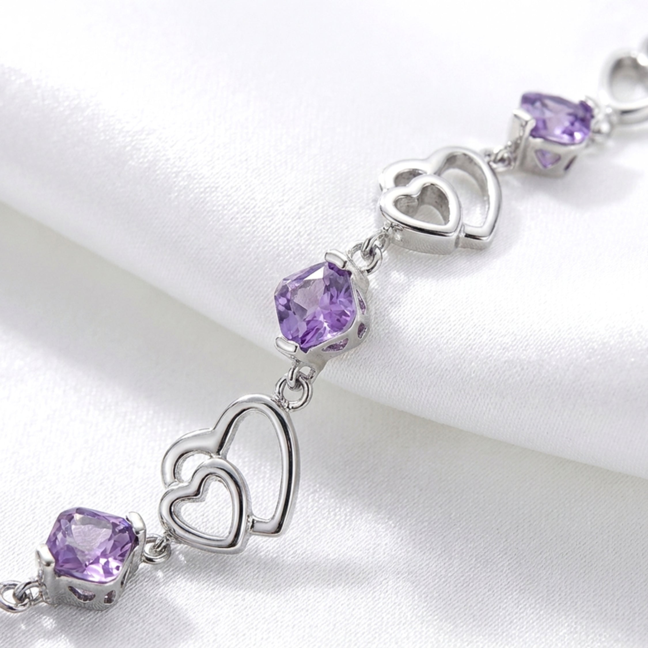 February Cushion Cut Birthstone Heart Link Bracelet - Sterling Silver with Amethyst-Tone Zircon