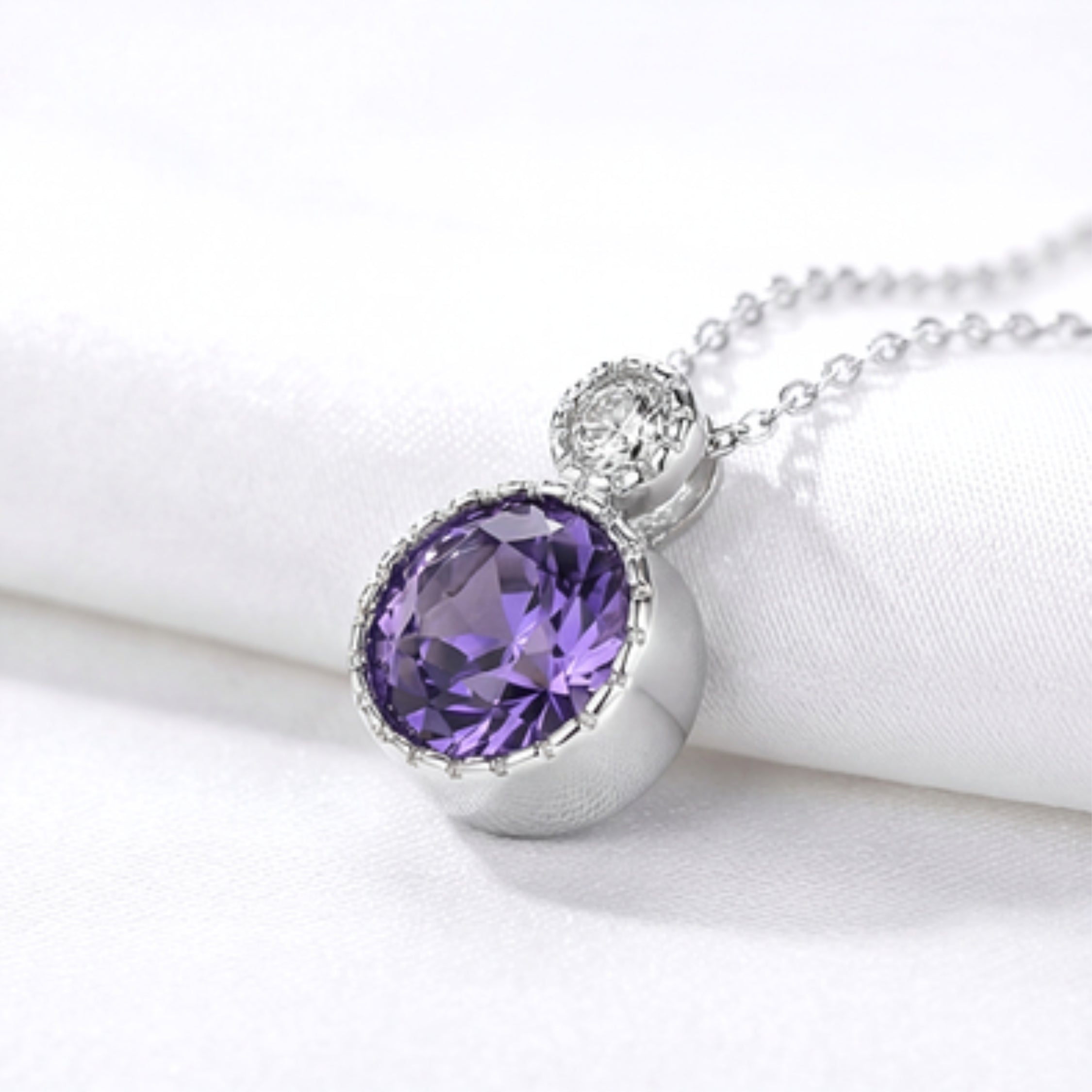 February Round Cut Birthstone Pendant Necklace - Sterling Silver with Amethyst-Tone Zircon