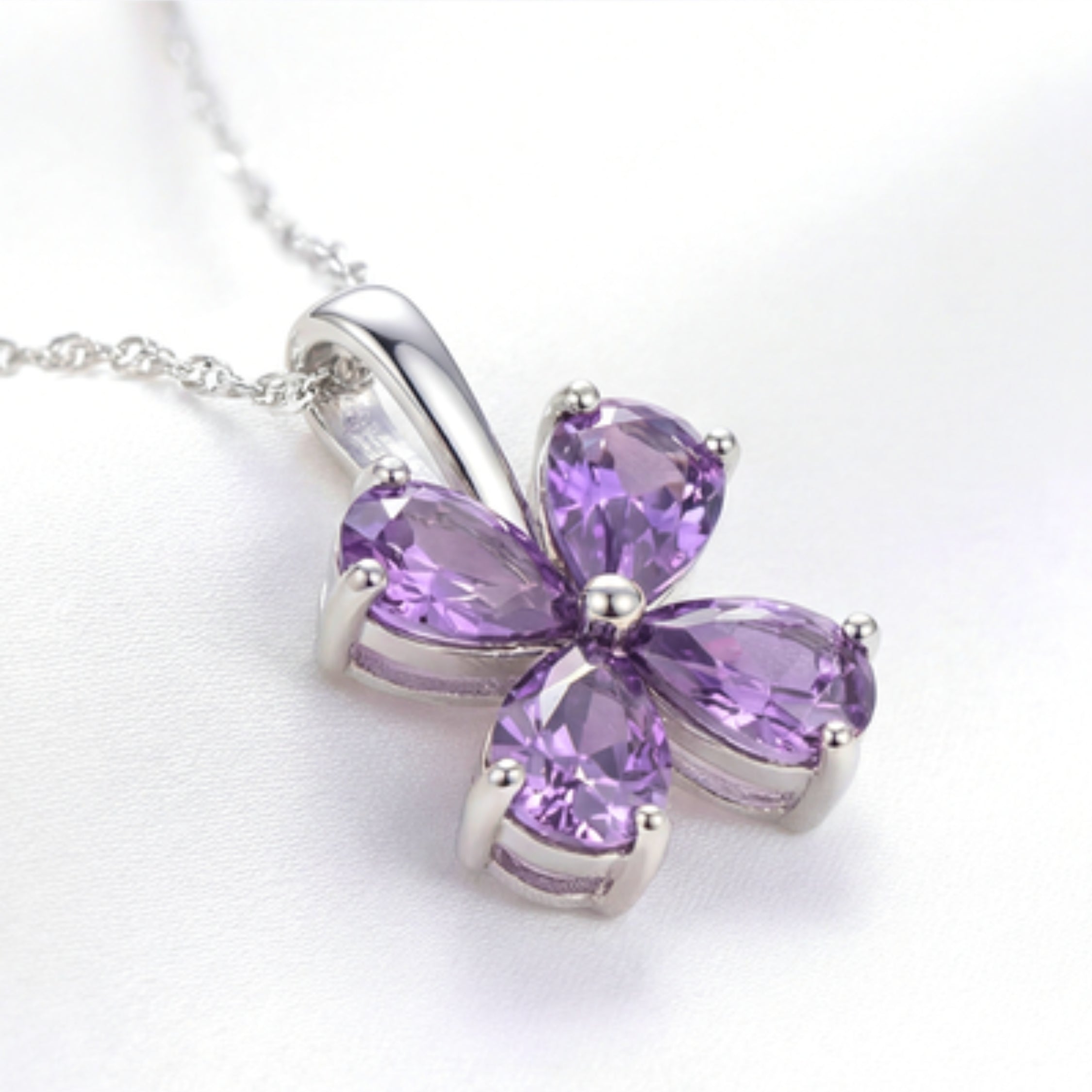 February Pear Cut Birthstone Clover Pendant Necklace - Sterling Silver with Amethyst-Tone Zircon