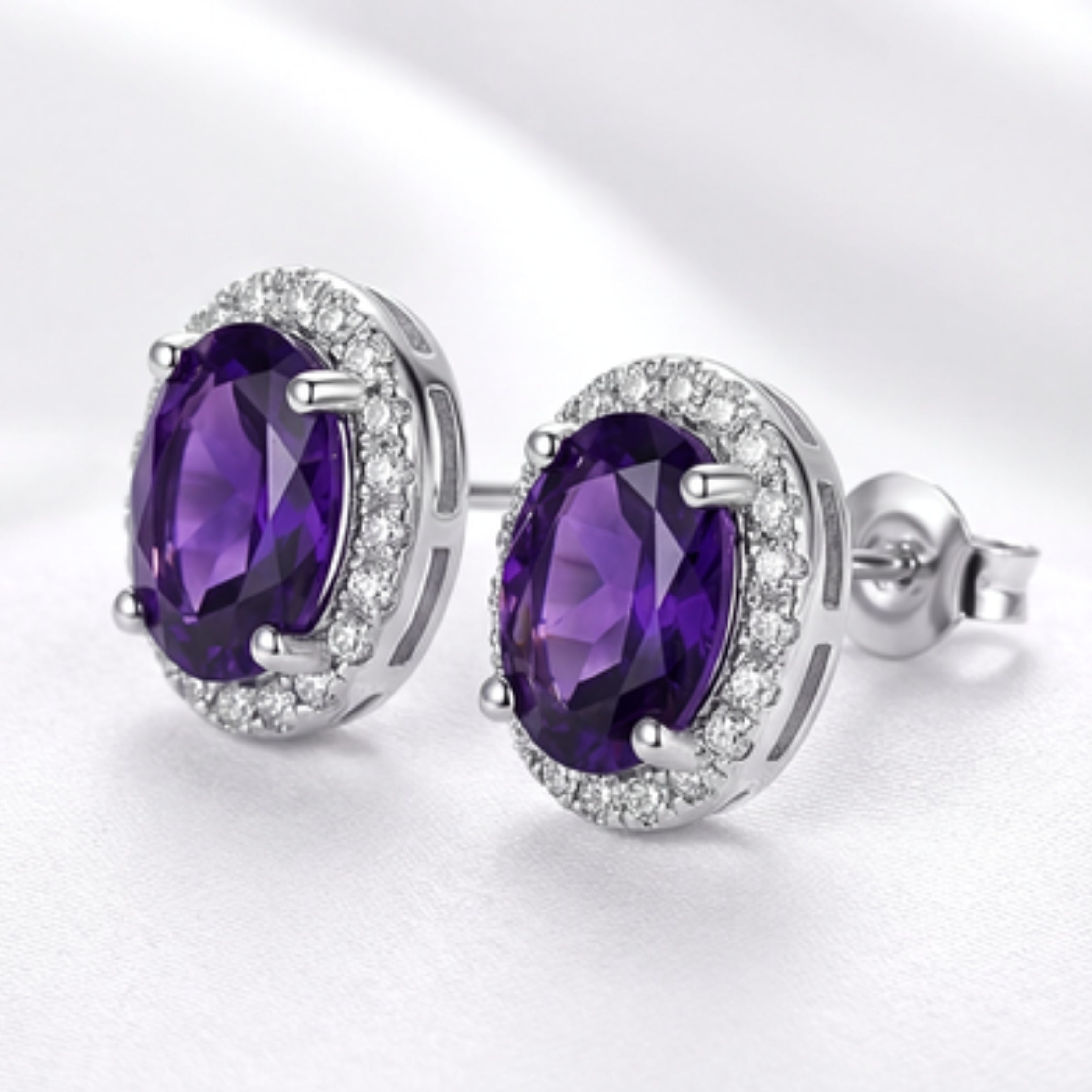 February Oval Cut Birthstone Halo Stud Earrings - Sterling Silver with Amethyst-Tone Zircon