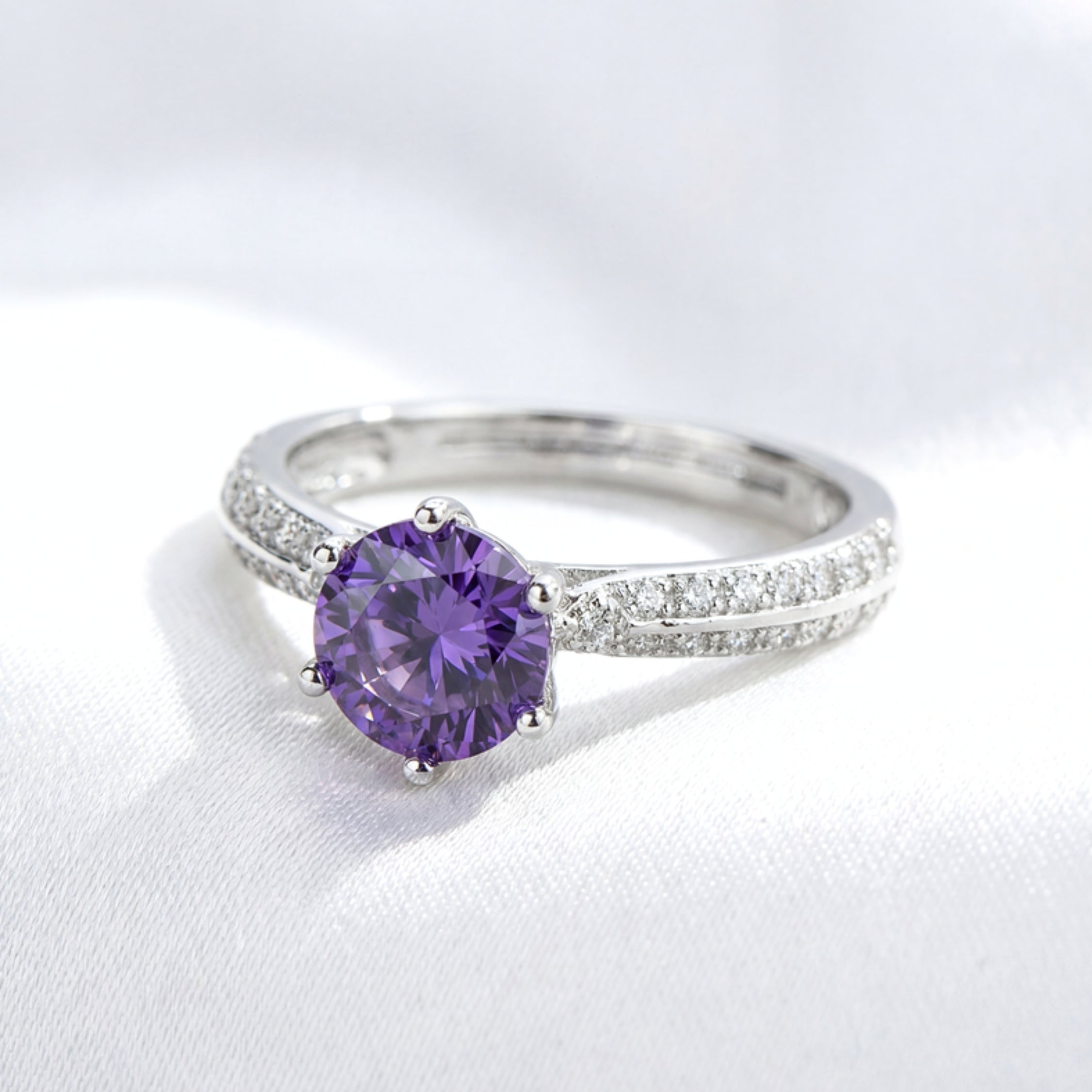 February Round Cut Birthstone Eternity Ring - Sterling Silver with Amethyst-Tone Zircon