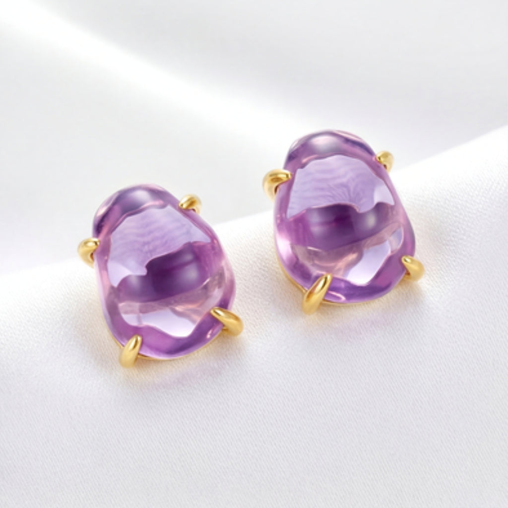 February Birthstone Stud Earrings - Gold Plated Sterling Silver with Amethyst-Tone Zircon
