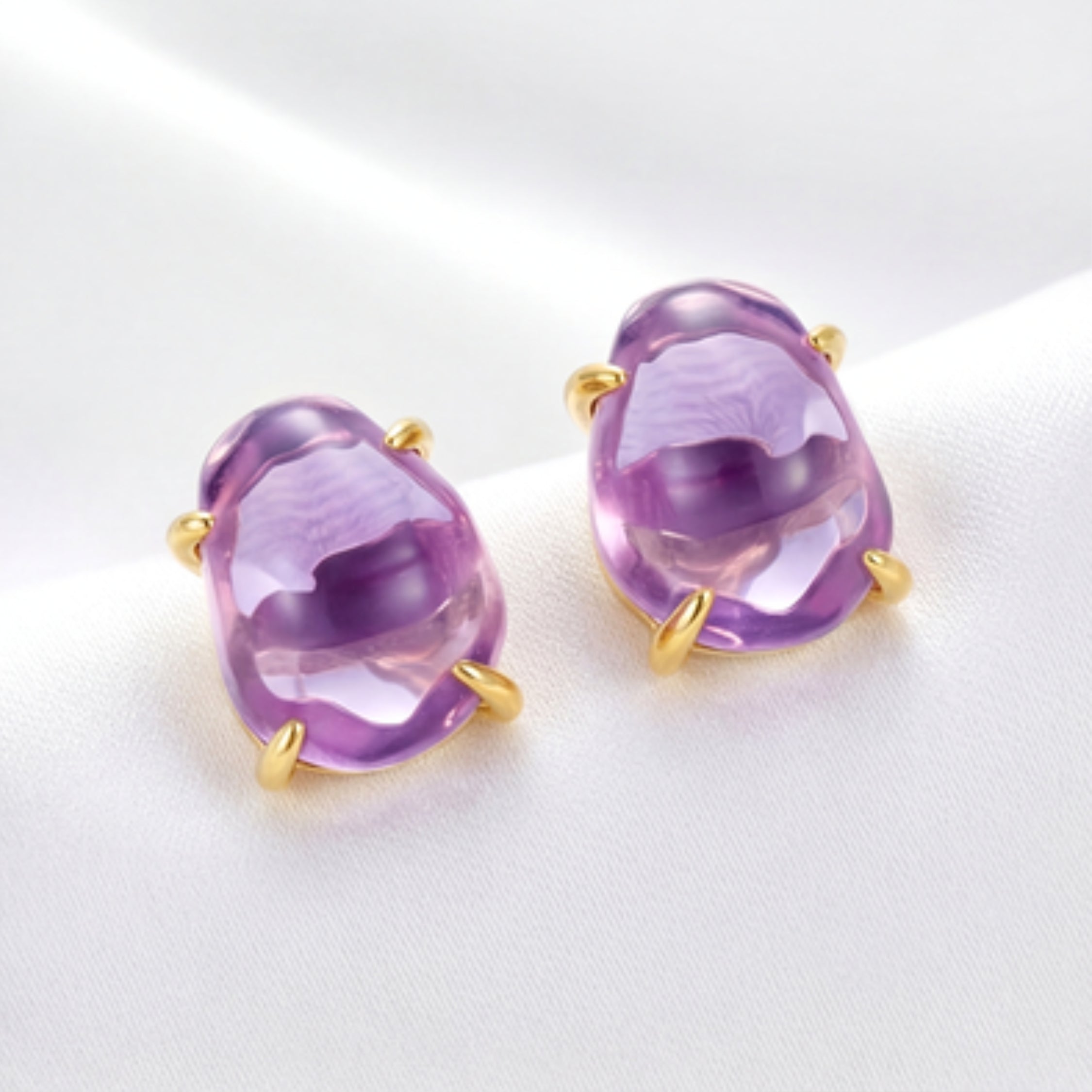 February Birthstone Stud Earrings - Gold Plated Sterling Silver with Amethyst-Tone Zircon