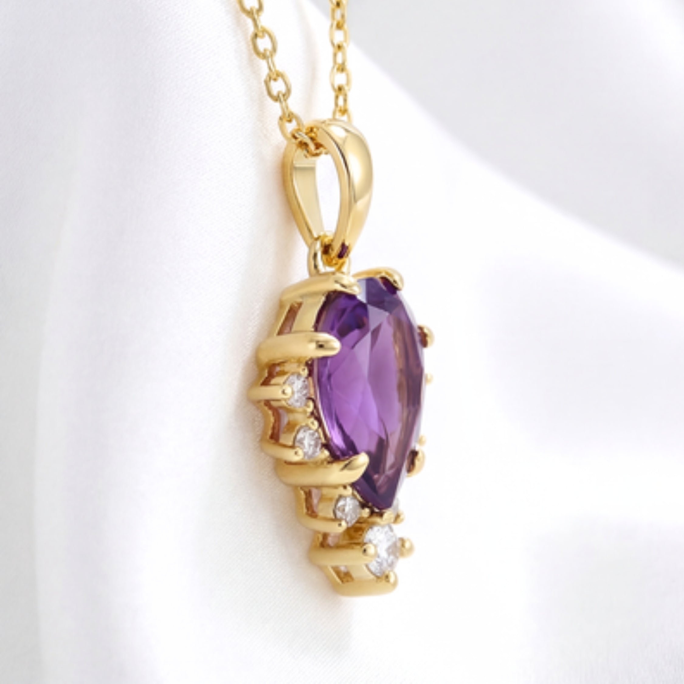 February Pear Cut Birthstone Pendant Necklace - Gold Plated Sterling Silver with Amethyst-Tone Zircon