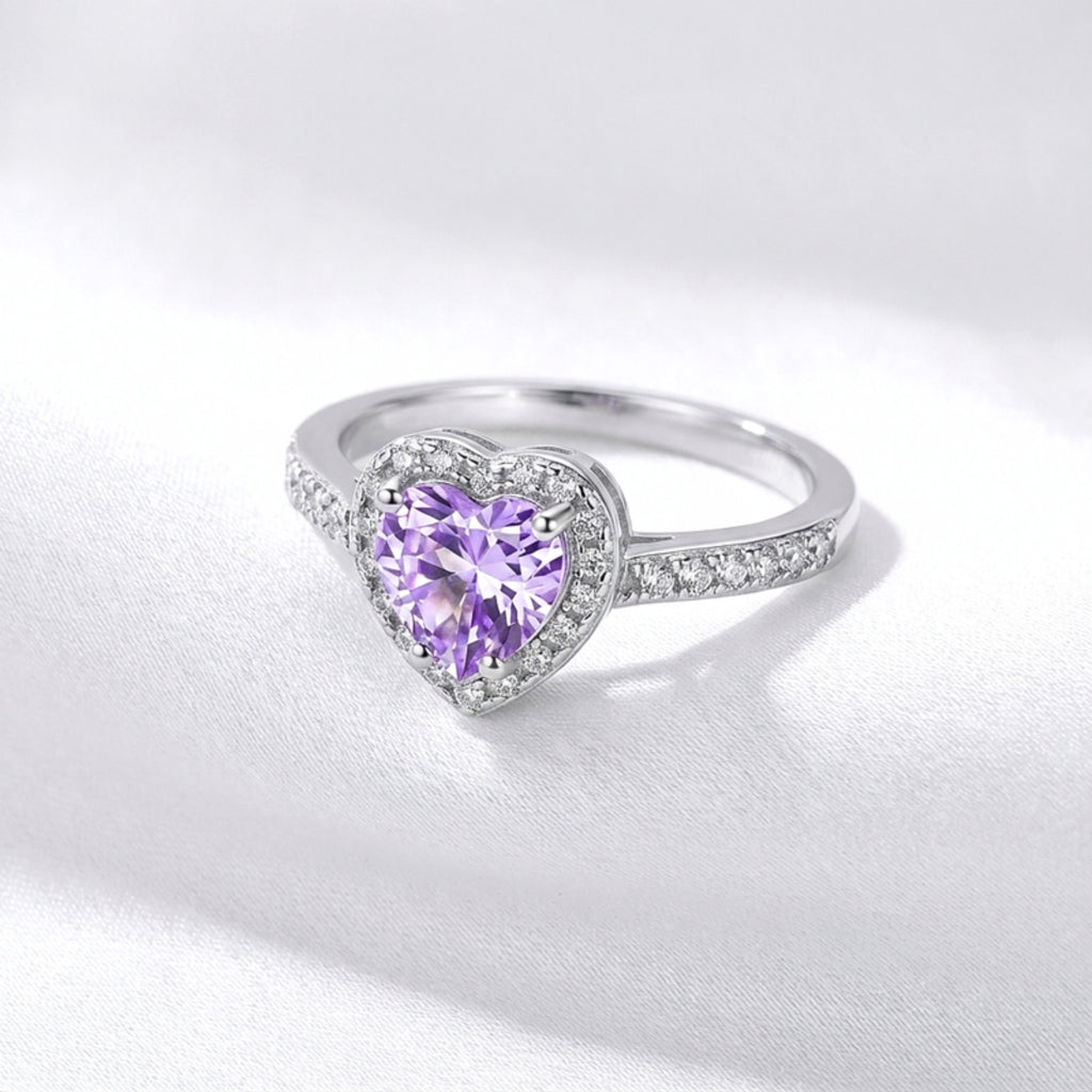 February Heart Cut Birthstone Halo Ring - Sterling Silver with Amethyst-Tone Zircon