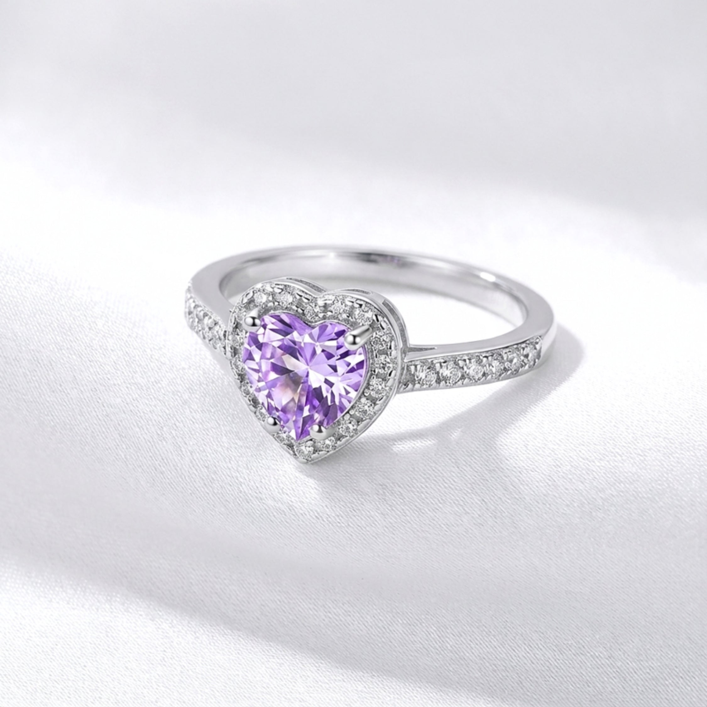 February Heart Cut Birthstone Halo Ring - Sterling Silver with Amethyst-Tone Zircon