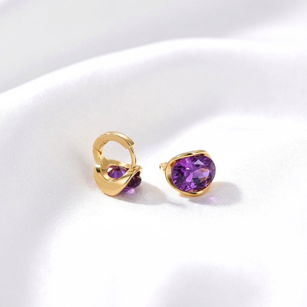 February Oval Cut Birthstone Huggie Earrings - Gold Plated Sterling Silver with Amethyst-Tone Zircon
