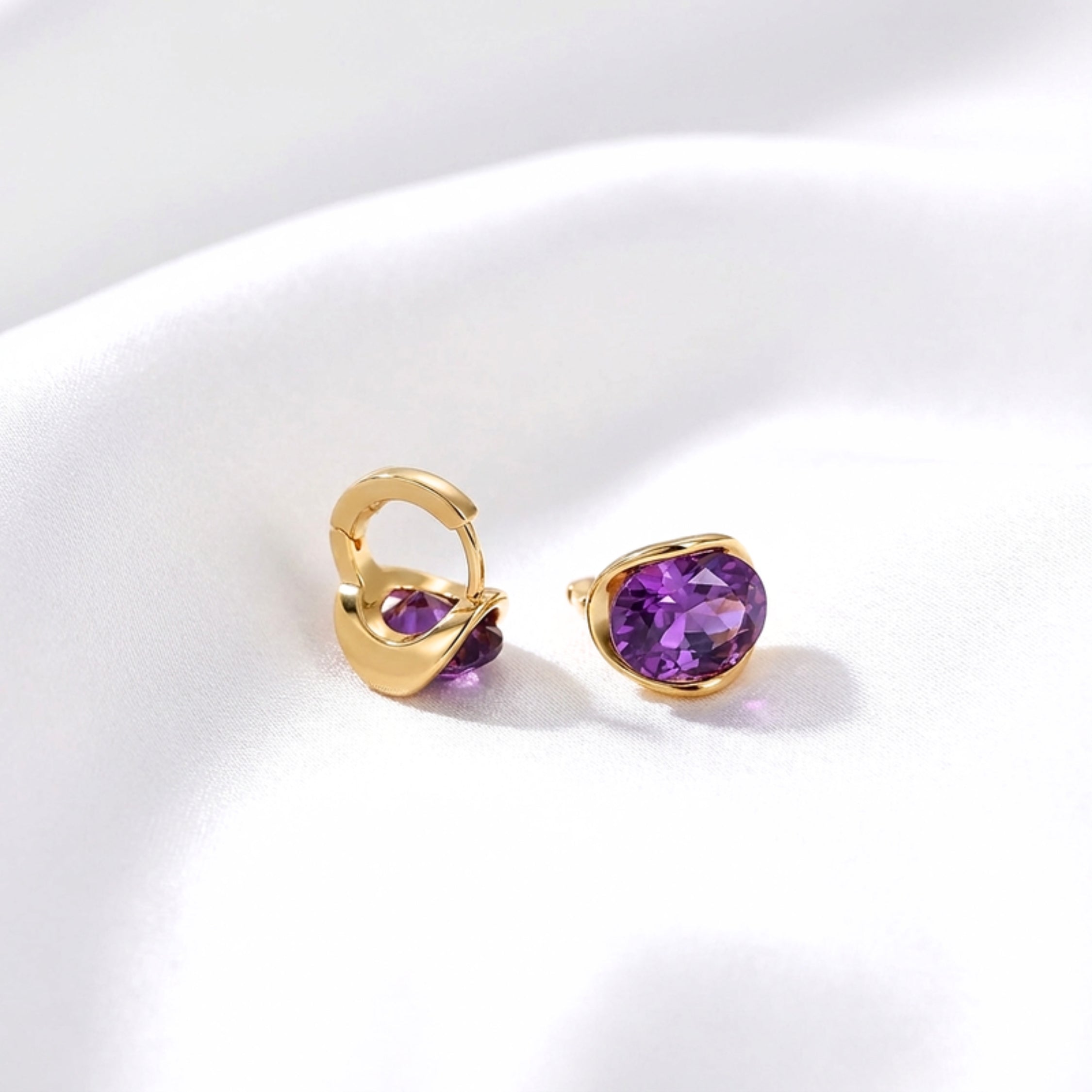 February Oval Cut Birthstone Huggie Earrings - Gold Plated Sterling Silver with Amethyst-Tone Zircon