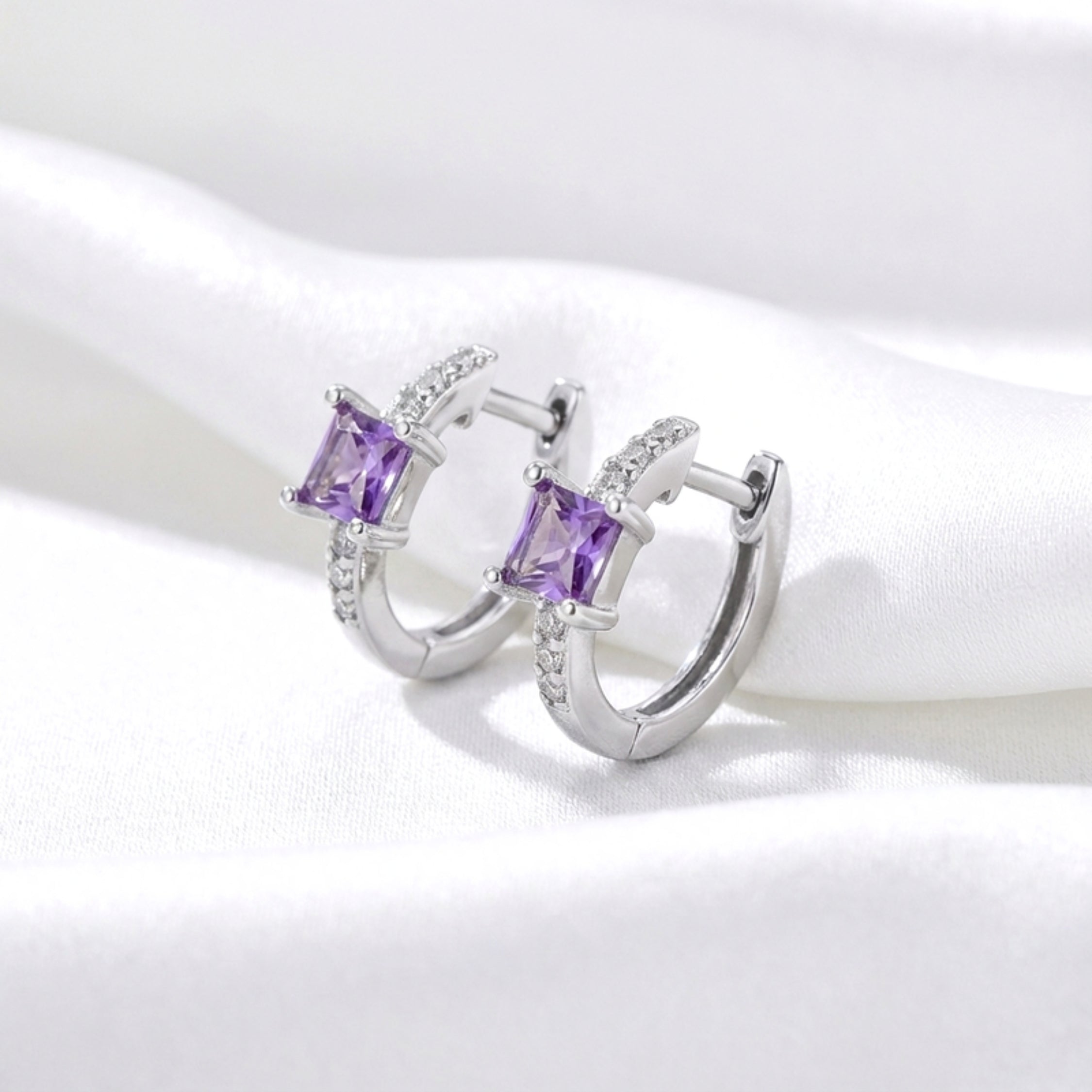 February Princess Cut Birthstone Hoop Earrings - Sterling Silver with Amethyst-Tone Zircon