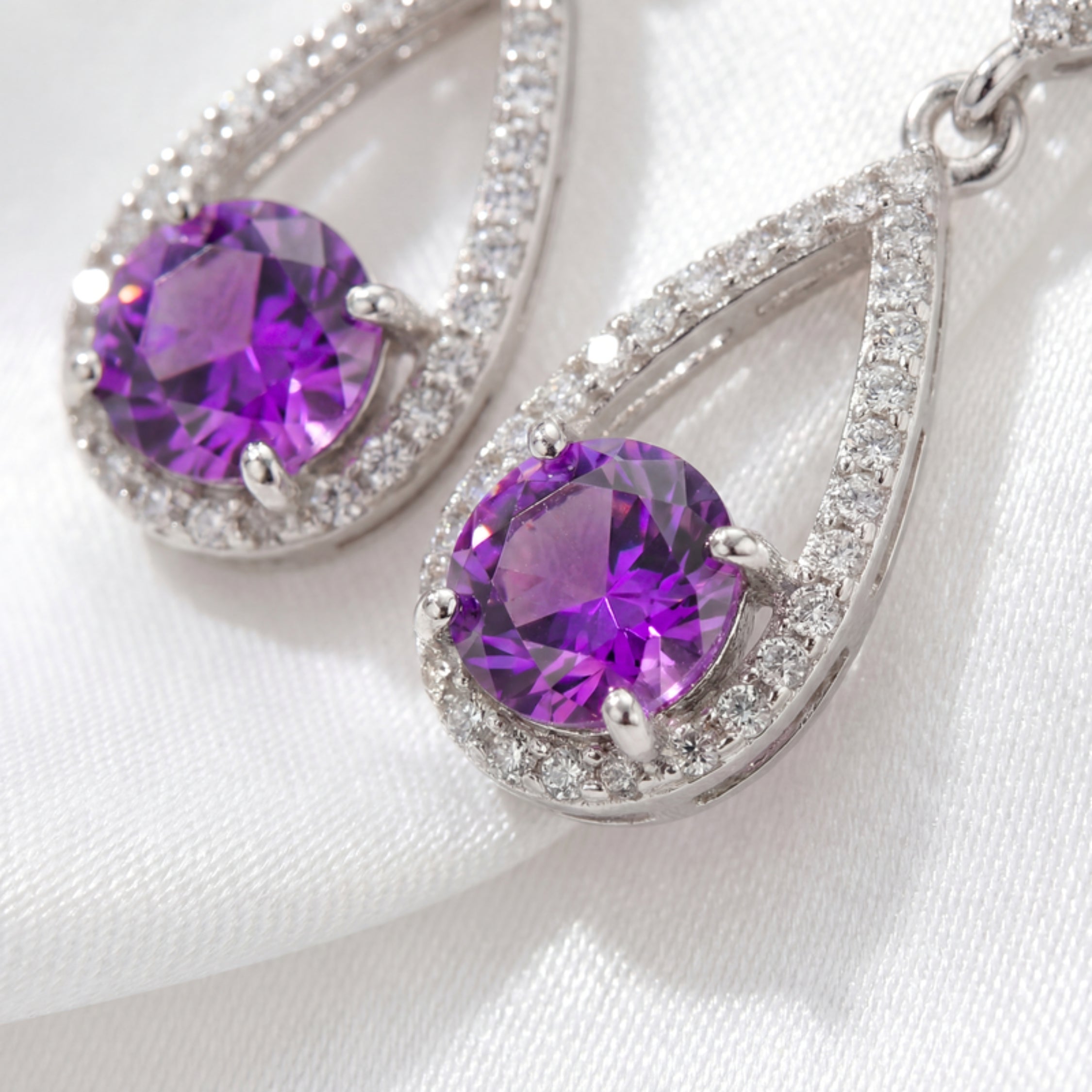 Pear Cut Birthstone Halo Drop Earrings - Sterling Silver with Zircon