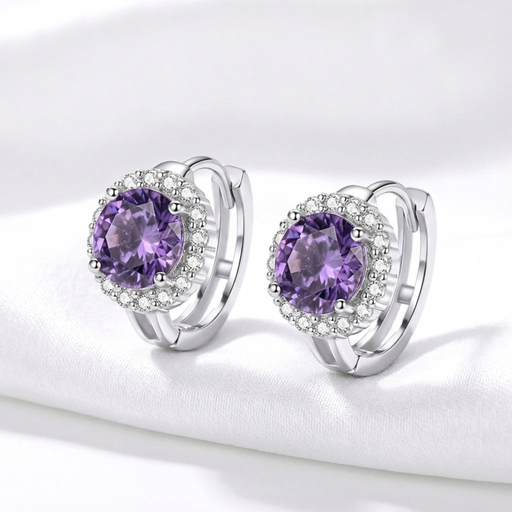 February Round Cut Birthstone Halo Huggie Earrings - Sterling Silver with Amethyst-Tone Moissanite