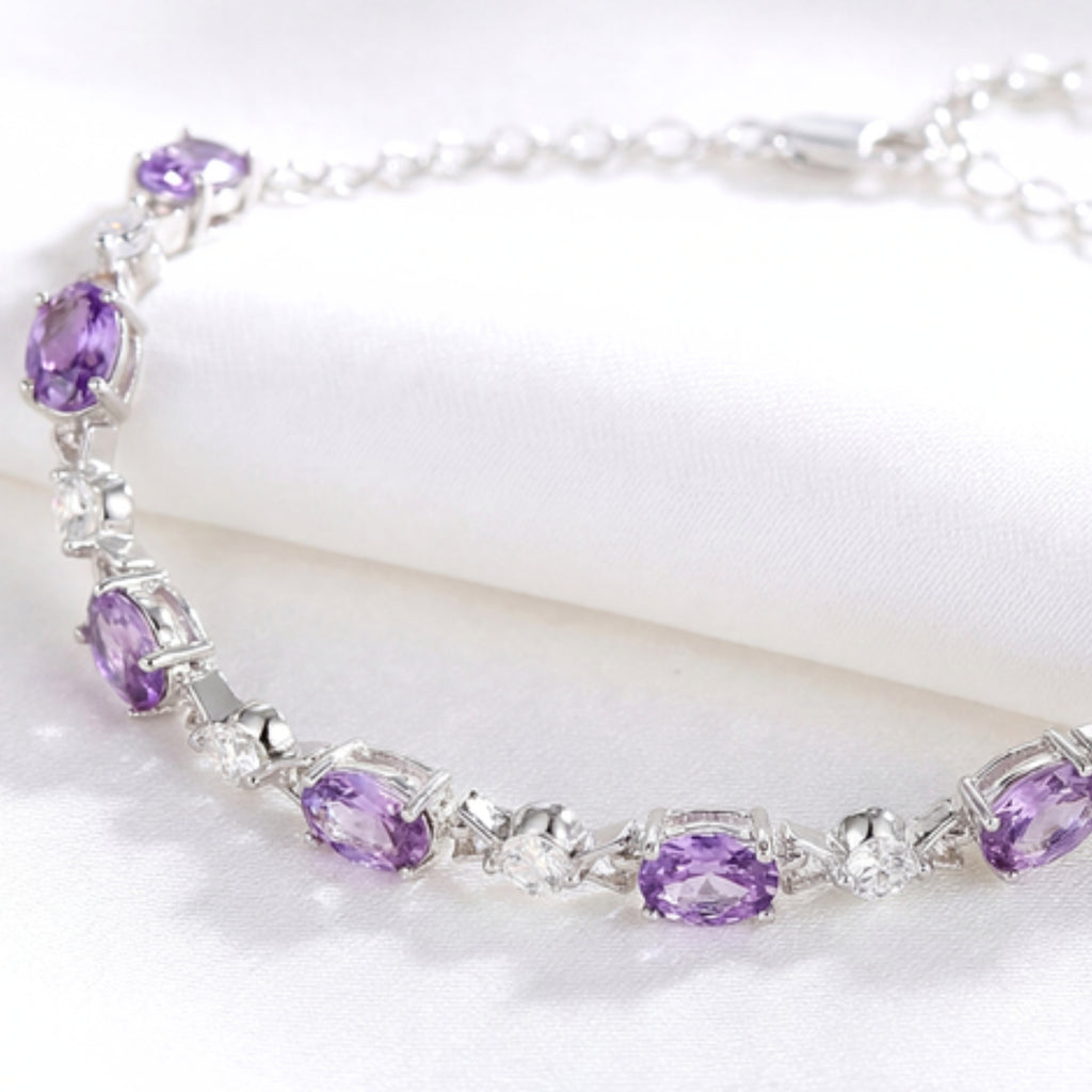 February Oval Cut Birthstone Bracelet - Sterling Silver with Amethyst-Tone Zircon