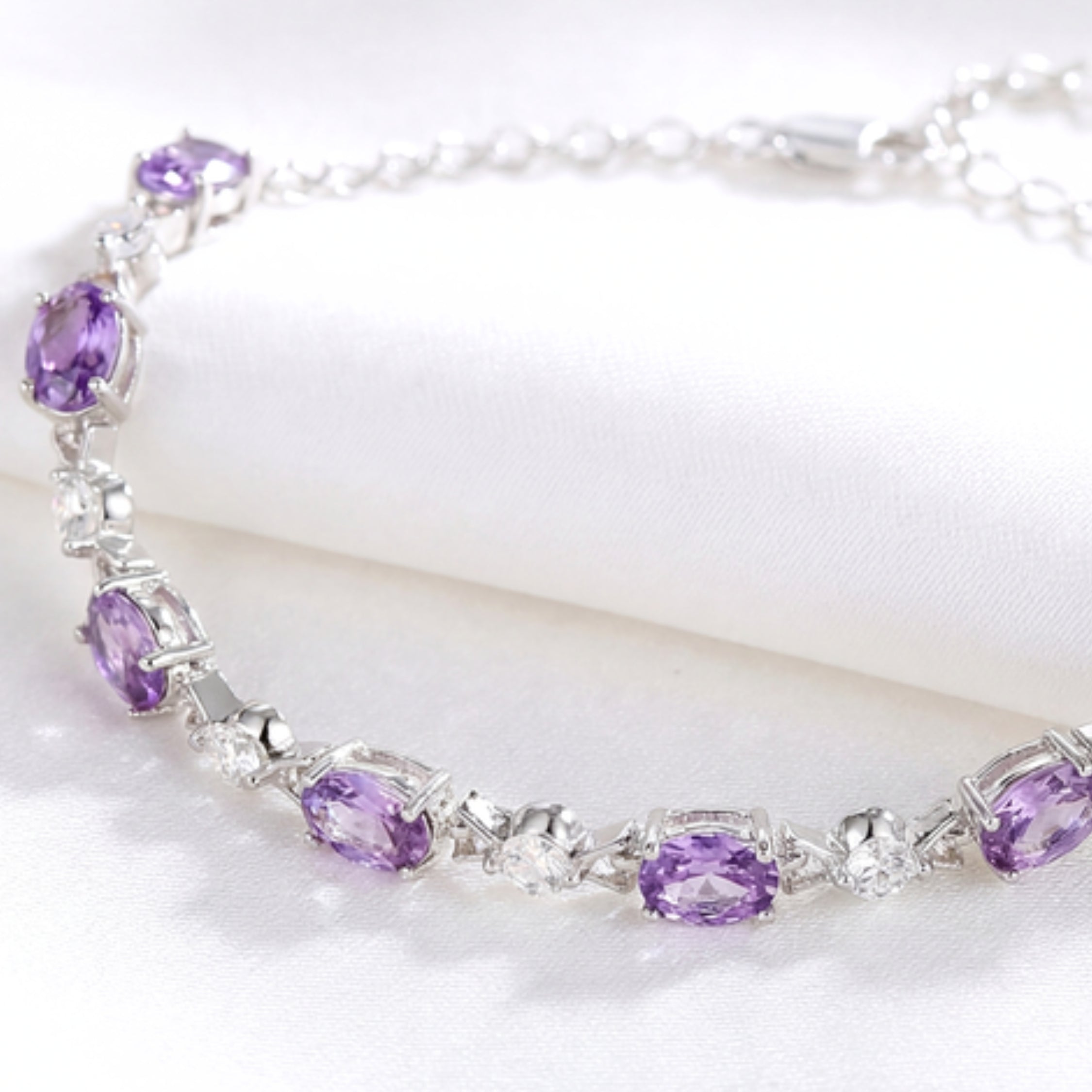 February Oval Cut Birthstone Bracelet - Sterling Silver with Amethyst-Tone Zircon