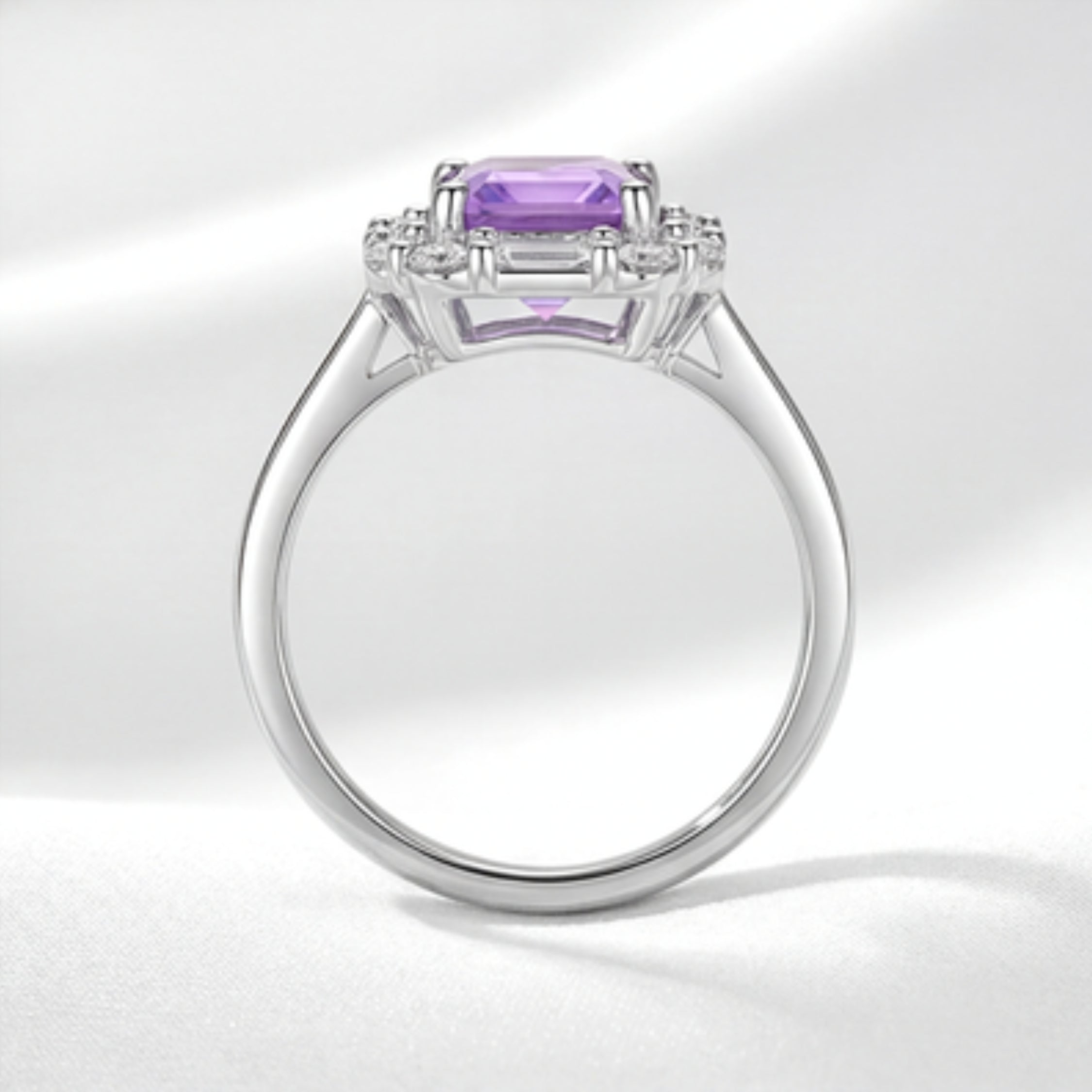 February Emerald Cut Birthstone Halo Ring - Sterling Silver with Amethyst-Tone Zircon