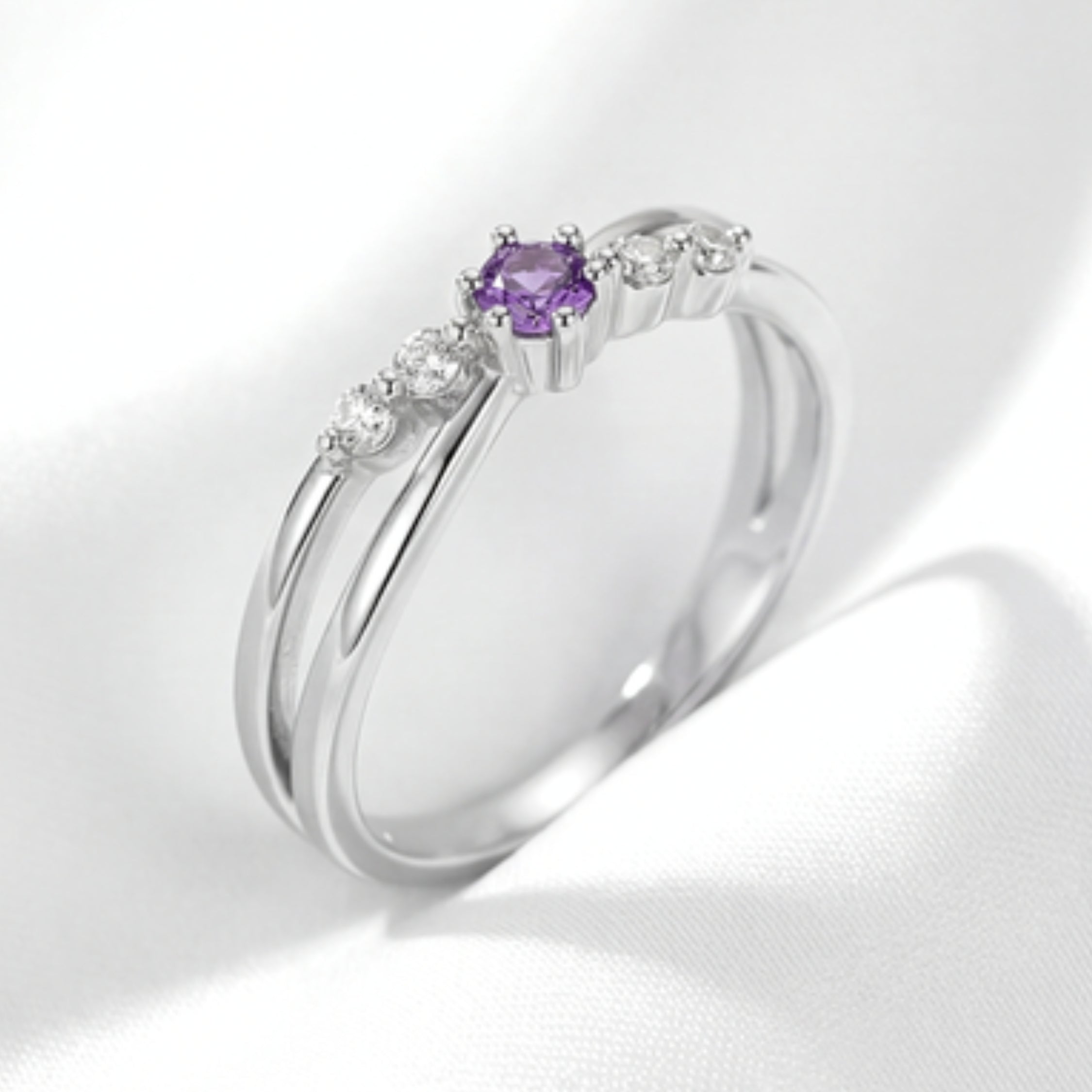 February Round Cut Birthstone Crossover Ring - Sterling Silver with Amethyst-Tone Zircon