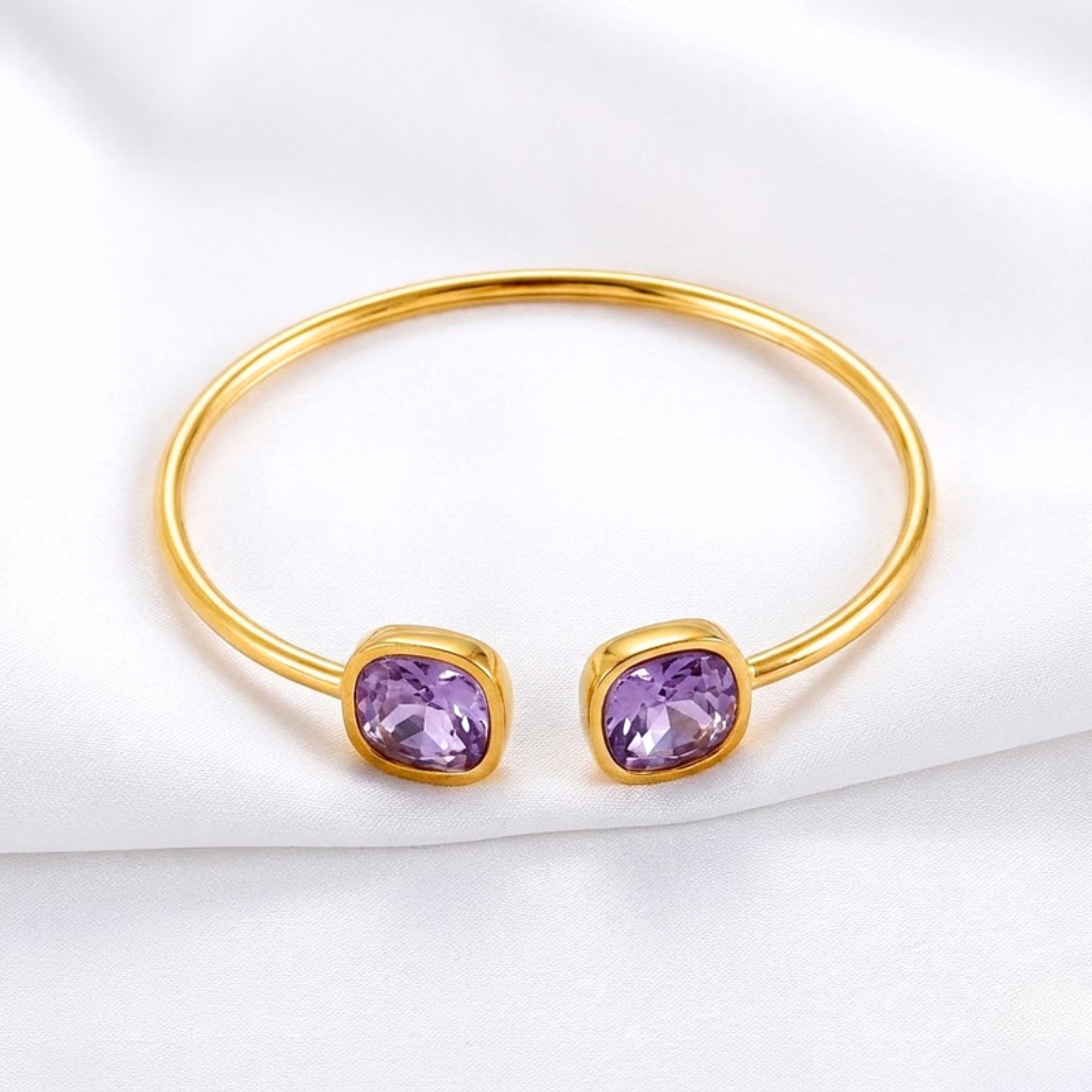 February Cushion Cut Birthstone Open Bangle - Gold PVD Stainless Steel with Amethyst-Tone Zircon