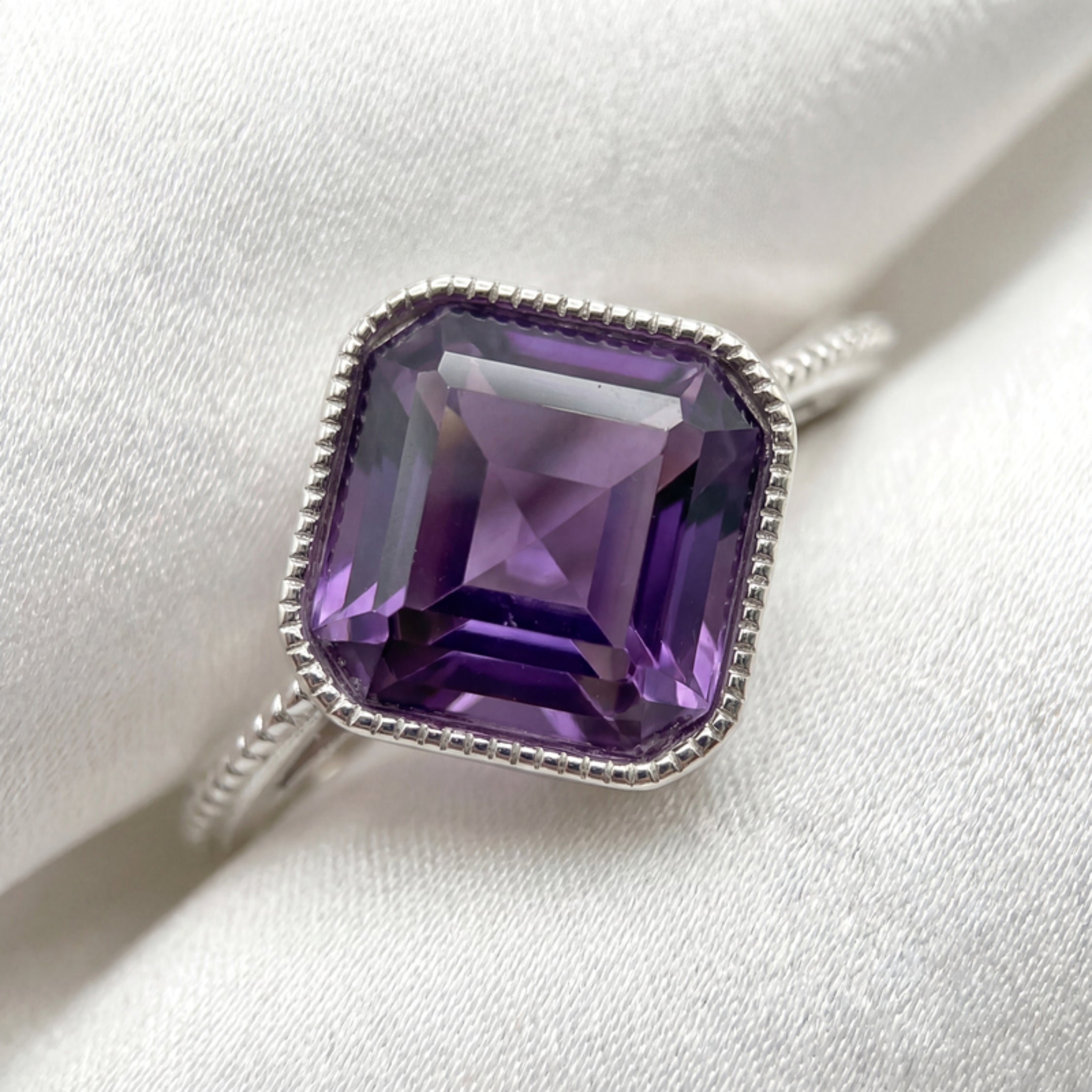 February Cushion Cut Birthstone Adjustable Ring - Sterling Silver with Amethyst-Tone Zircon