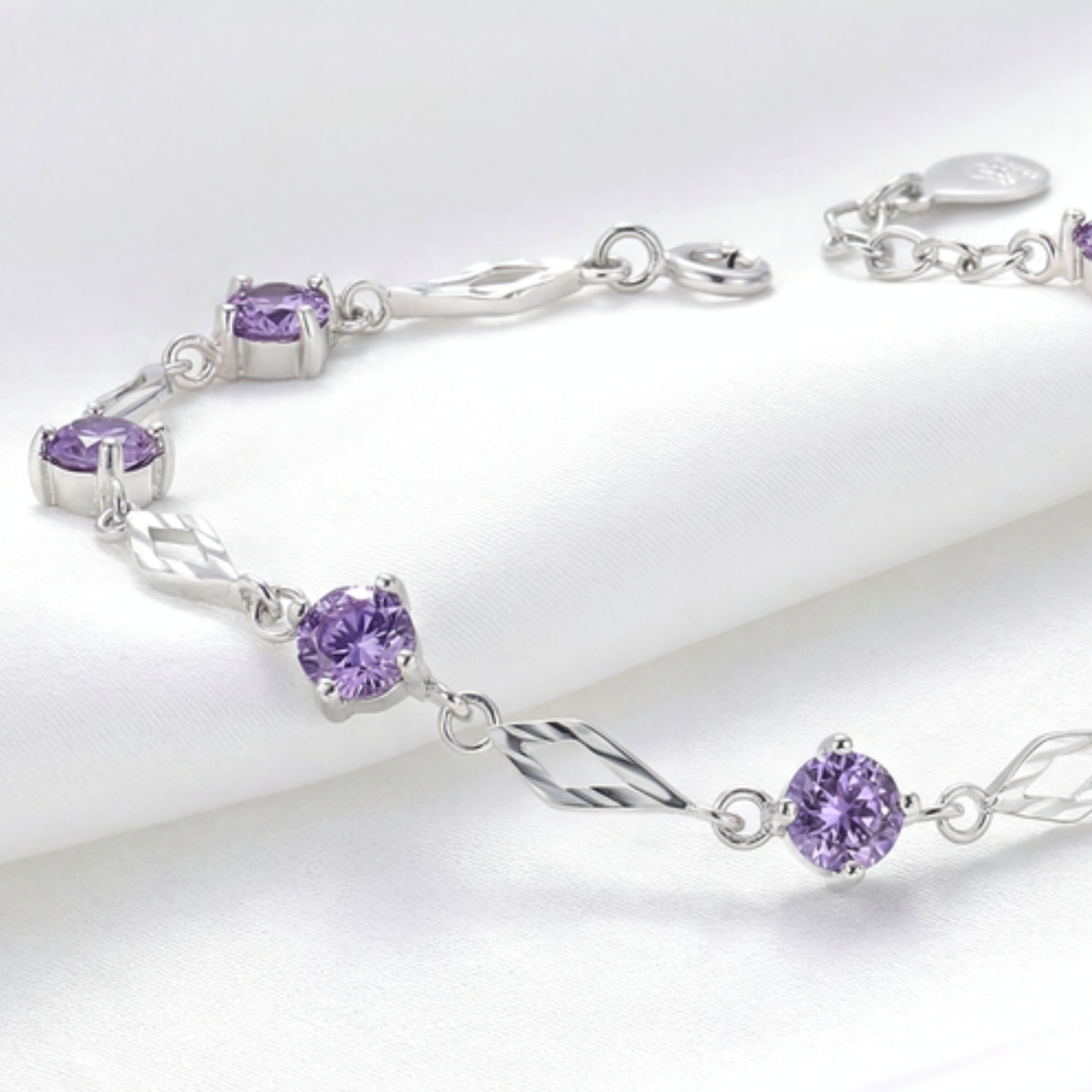 February Round Cut Birthstone Station Bracelet - Sterling Silver with Amethyst-Tone Zircon