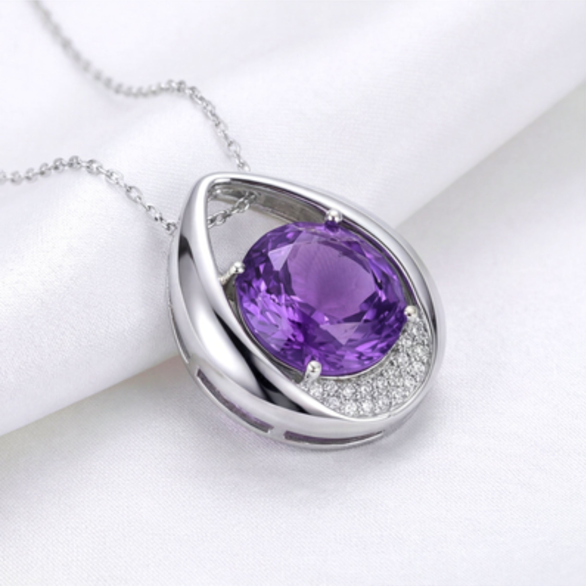 February Round Cut Birthstone Teardrop Pendant Necklace - Sterling Silver with Amethyst-Tone Zircon
