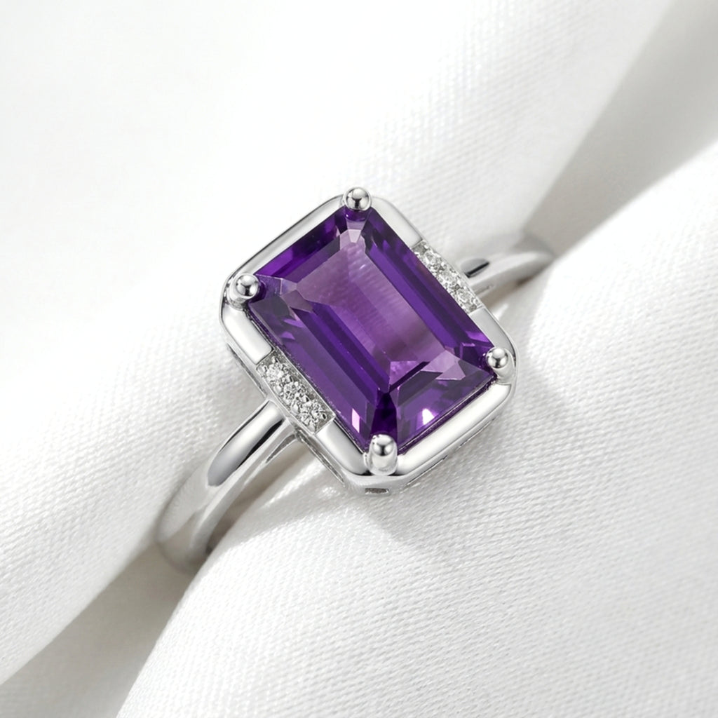 February Emerald Cut Birthstone Adjustable Ring - Sterling Silver with Amethyst-Tone Zircon