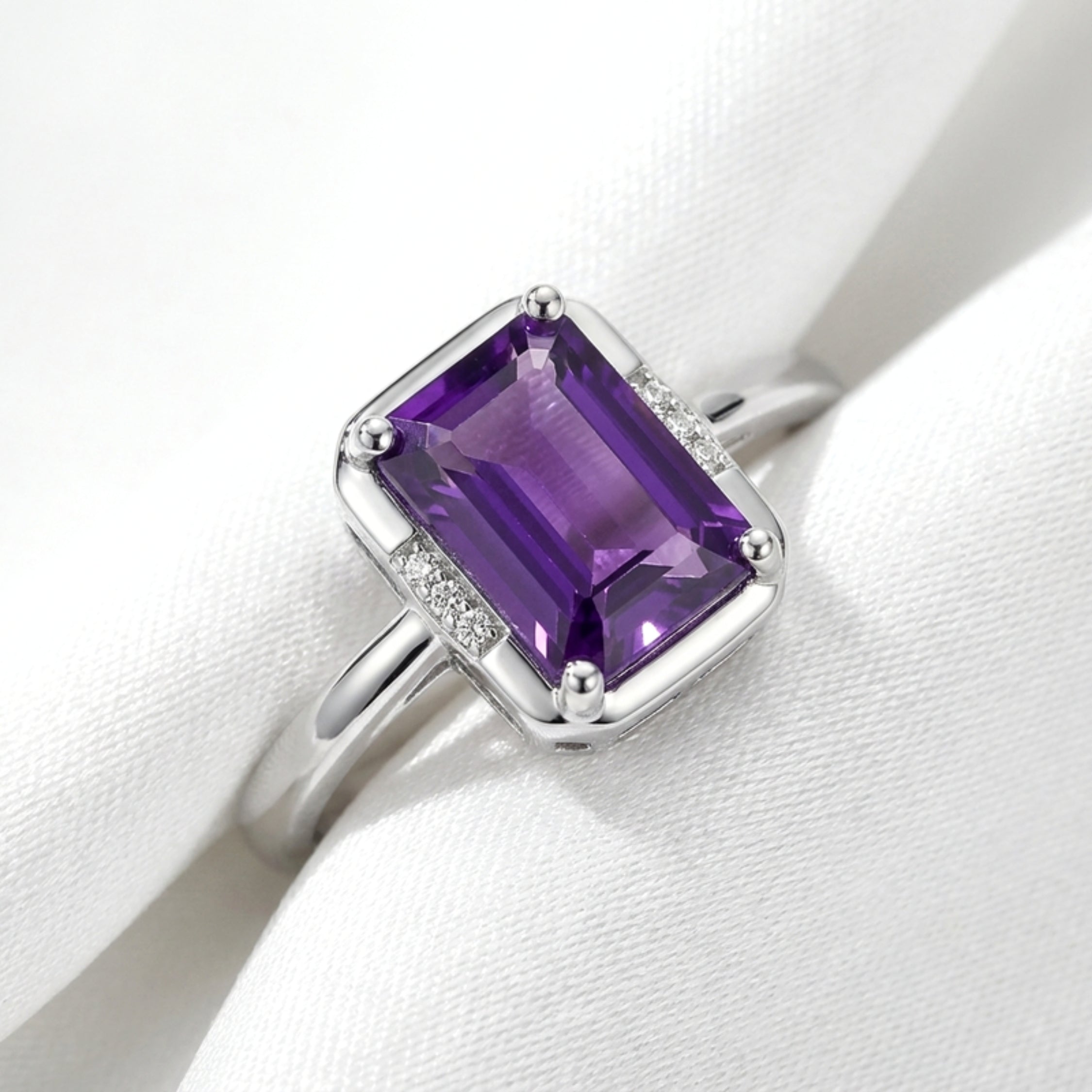 February Emerald Cut Birthstone Adjustable Ring - Sterling Silver with Amethyst-Tone Zircon
