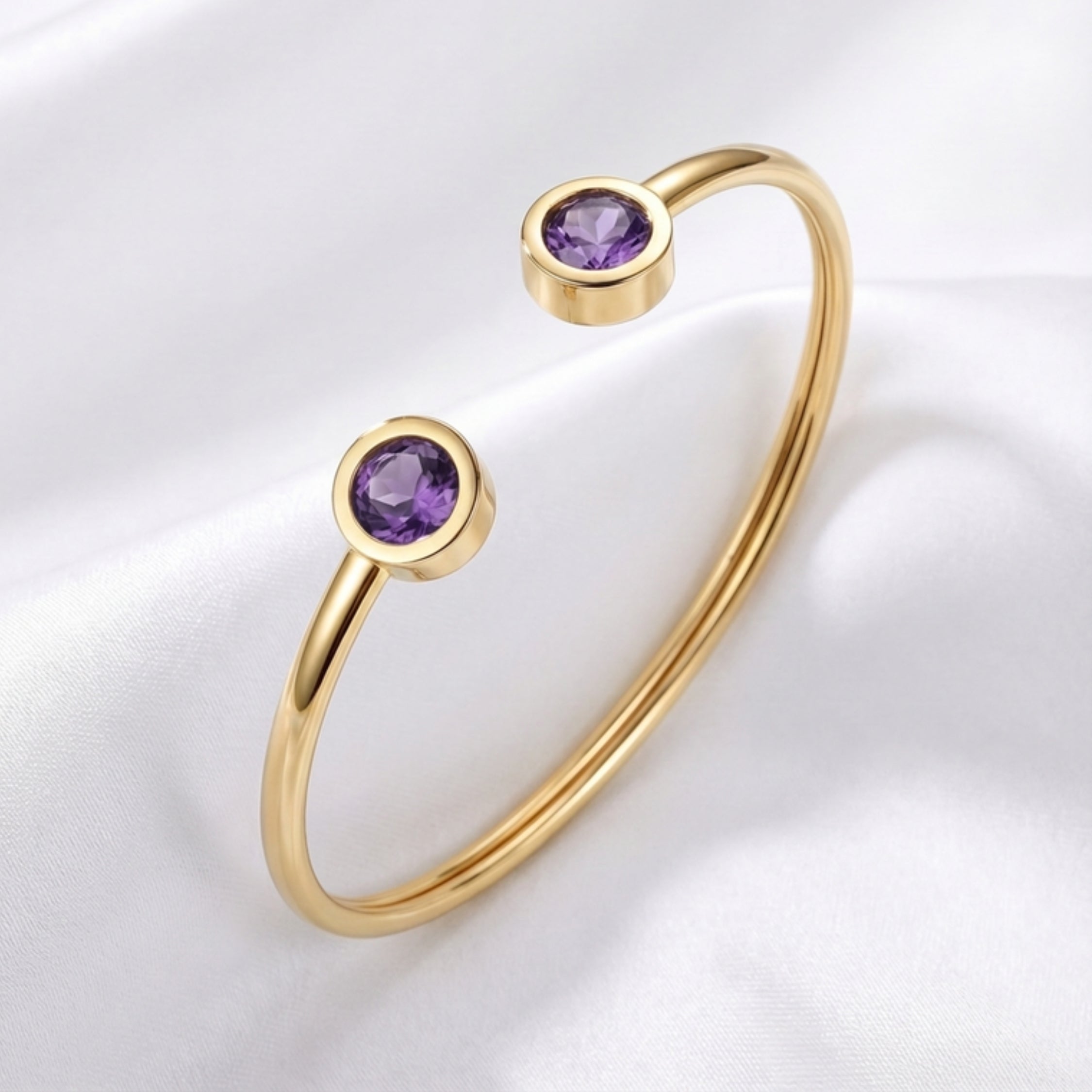 February Birthstone Open Cuff Bangle Bracelet - Gold PVD Stainless Steel with Amethyst-Tone Zircon