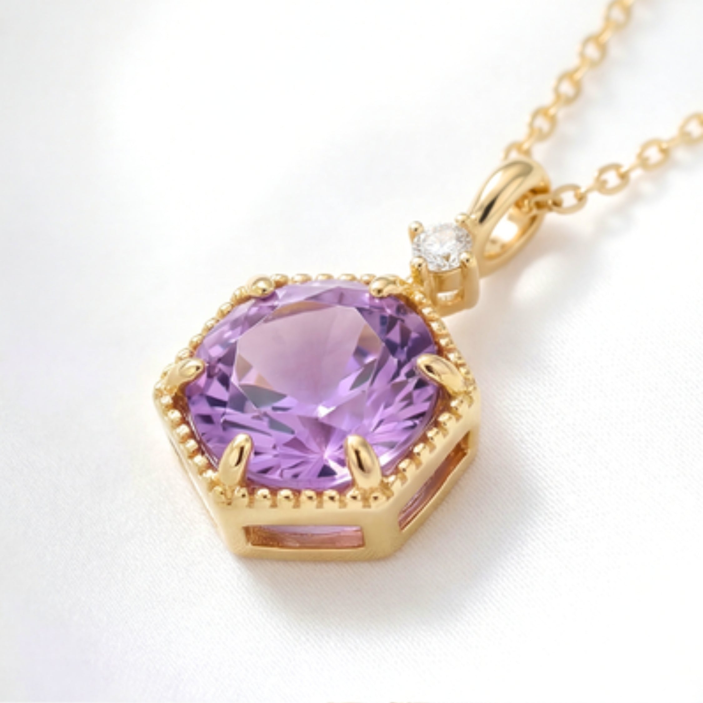 February Hexagon Birthstone Pendant Necklace - Gold Plated Sterling Silver with Amethyst-Tone Zircon