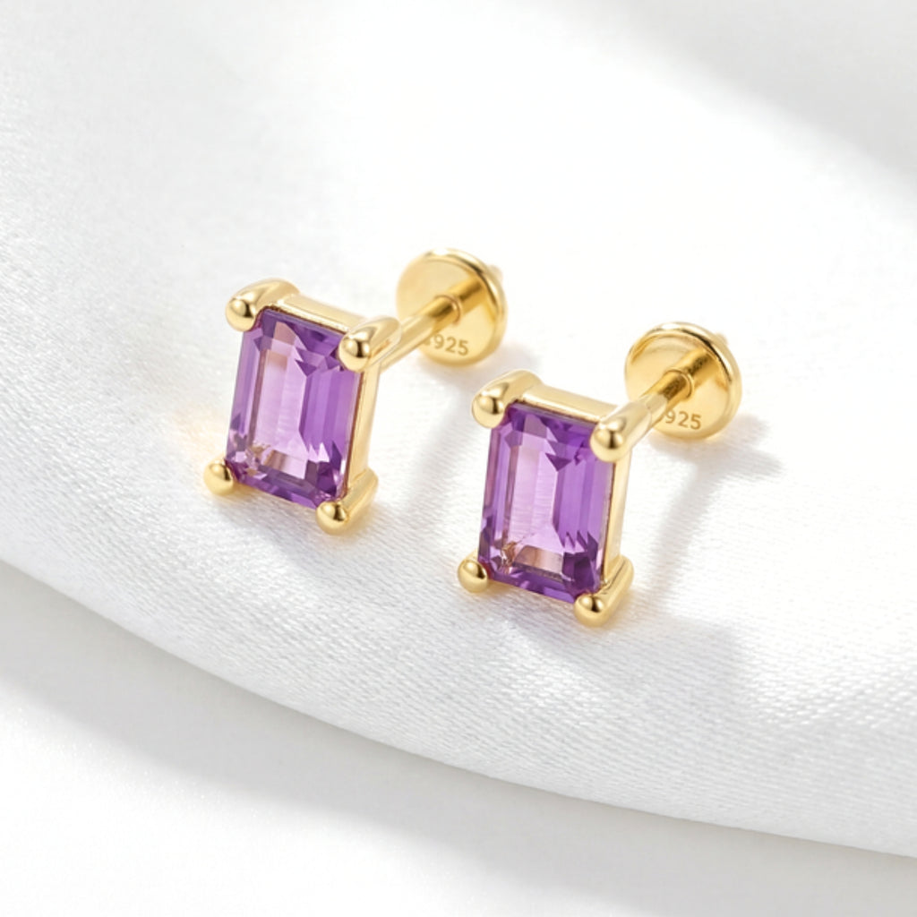 February Emerald Cut Birthstone Stud Earrings - Gold Plated Sterling Silver with Amethyst-Tone Zircon