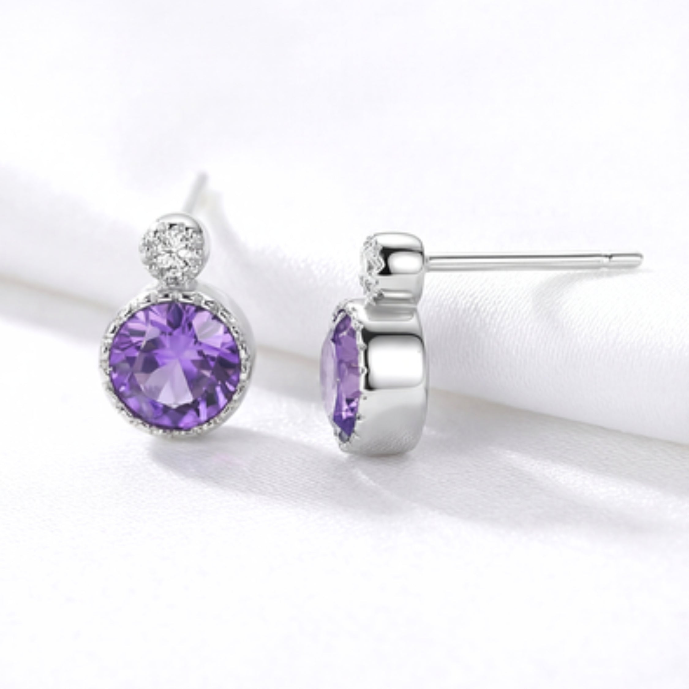 Round Cut Bezel Drop Earrings - Sterling Silver with 5A Zircon