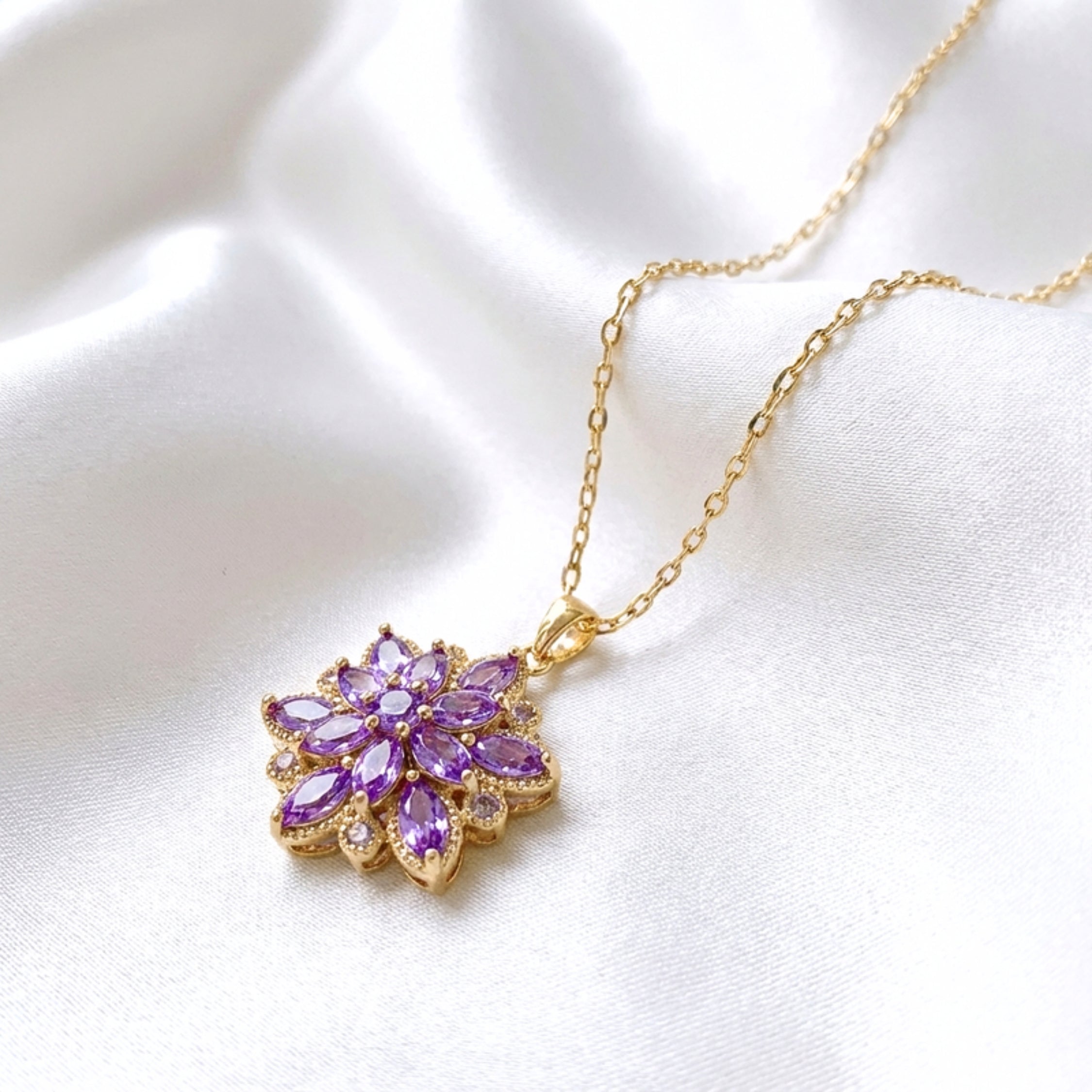 February Marquise Cut Birthstone Flower Pendant Necklace - Gold PVD Stainless Steel with Amethyst-Tone Zircon