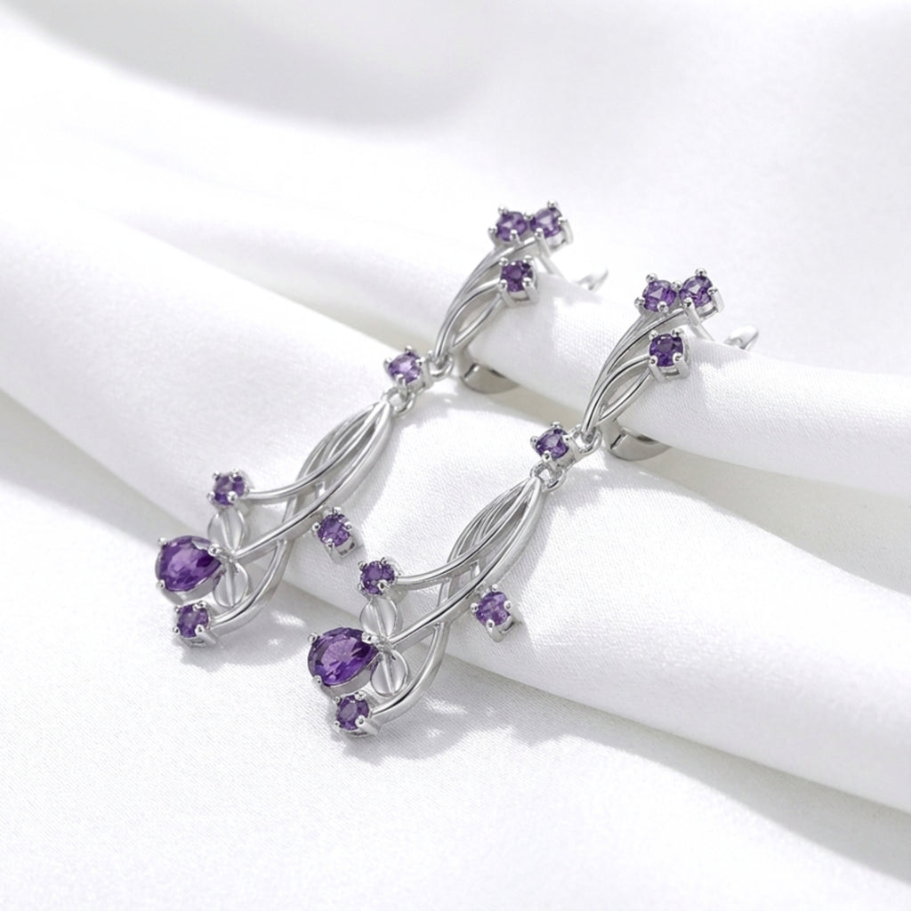 February Birthstone Floral Vine Drop Earrings - Sterling Silver with Amethyst-Tone Zircon
