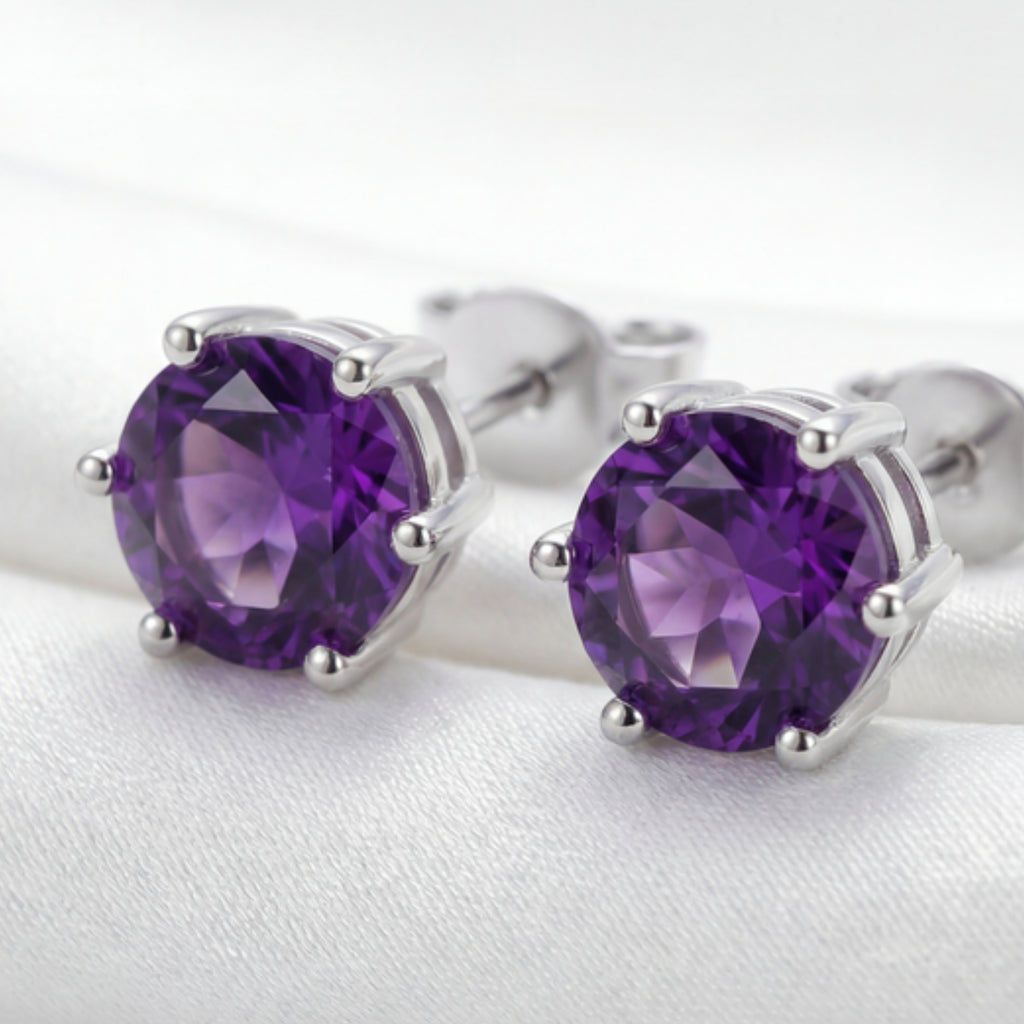 February Round Cut Birthstone Solitaire Stud Earrings - Sterling Silver with Amethyst-Tone Zircon