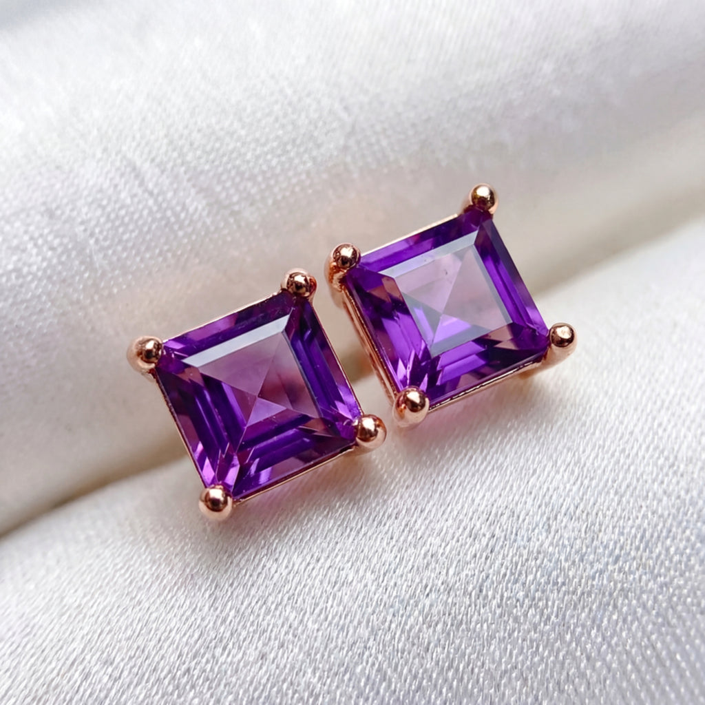 February Princess Cut Birthstone Stud Earrings - Rose Gold Plated Sterling Silver with Amethyst-Tone Zircon