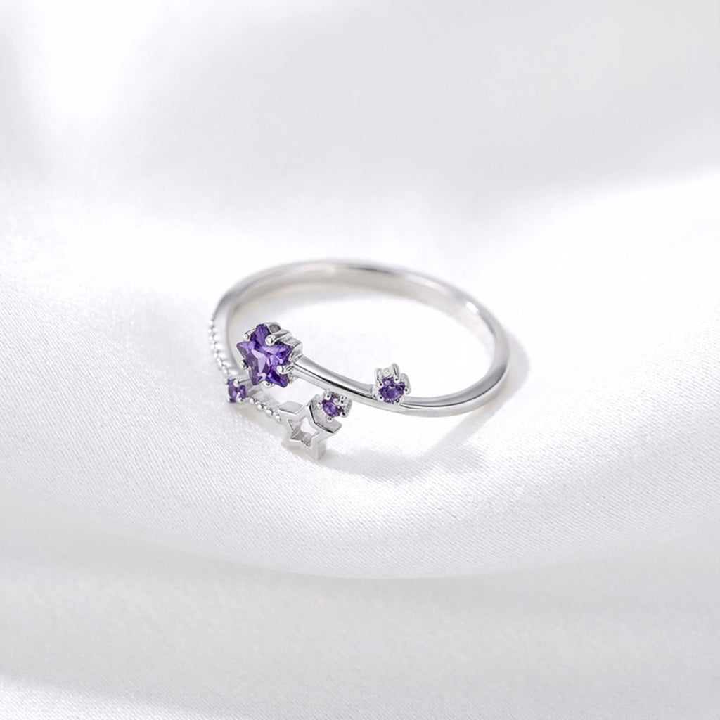February Star Cut Birthstone Adjustable Ring - Sterling Silver with Amethyst-Tone Zircon