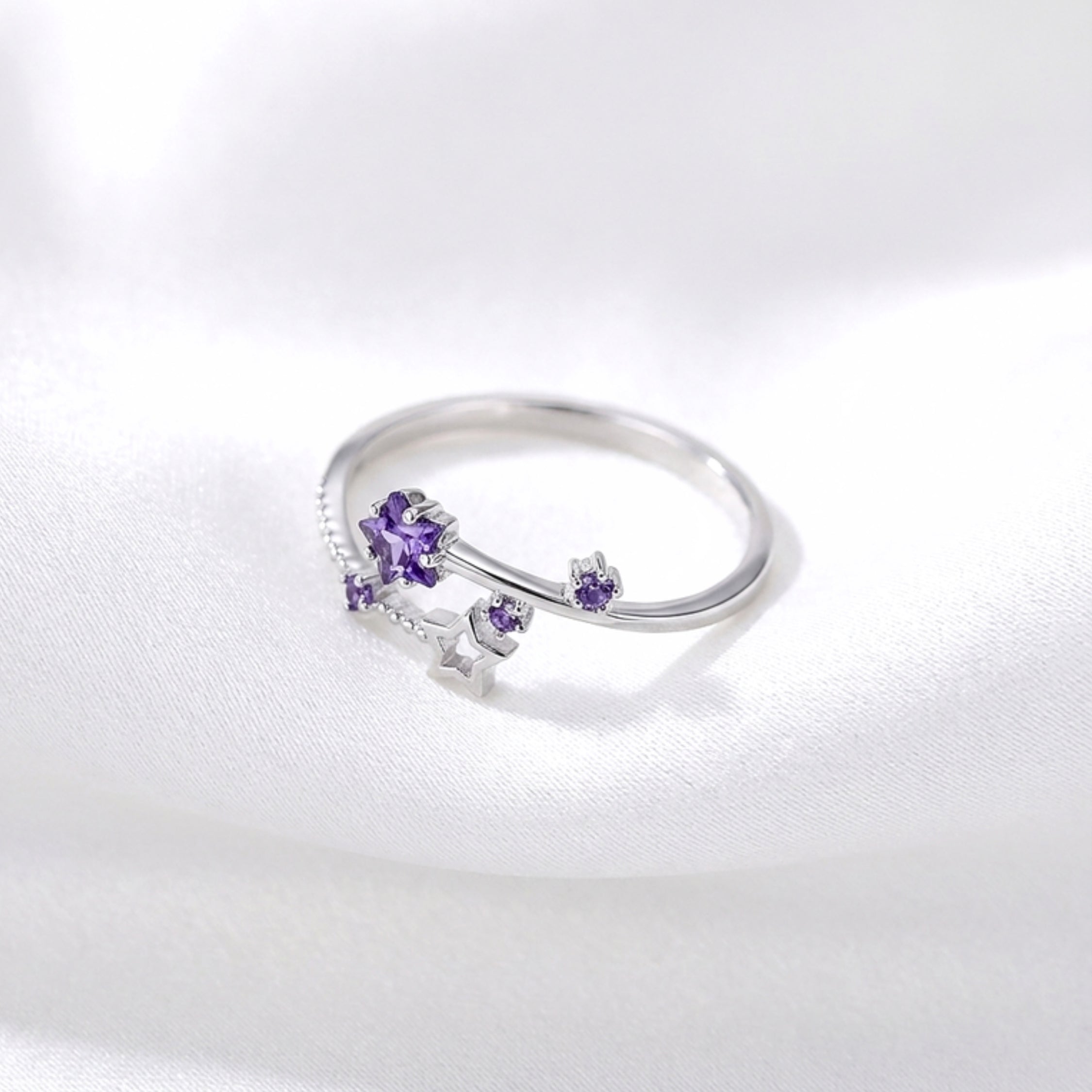 February Star Cut Birthstone Adjustable Ring - Sterling Silver with Amethyst-Tone Zircon